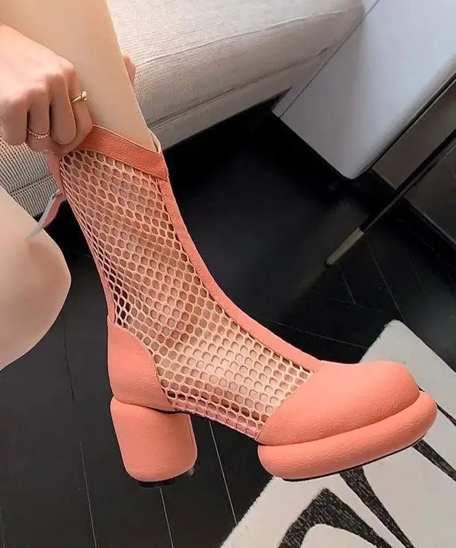 Beautiful Splicing Chunky Boots Pink Breathable Mesh Hollow Out LY8257