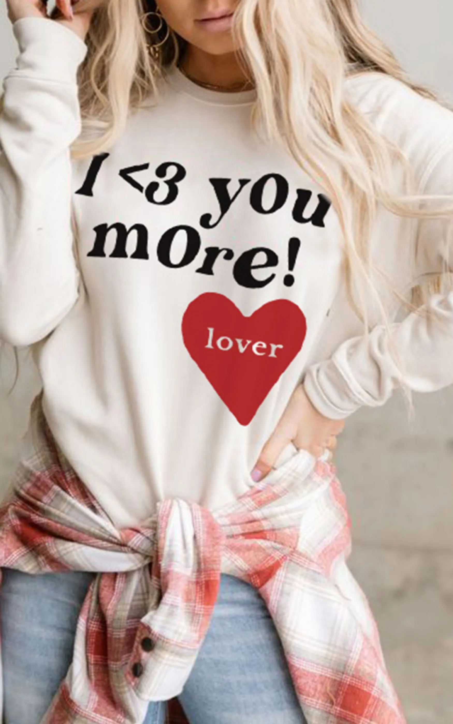 Beige I Love You More Valentines Heart Print Sweatshirt