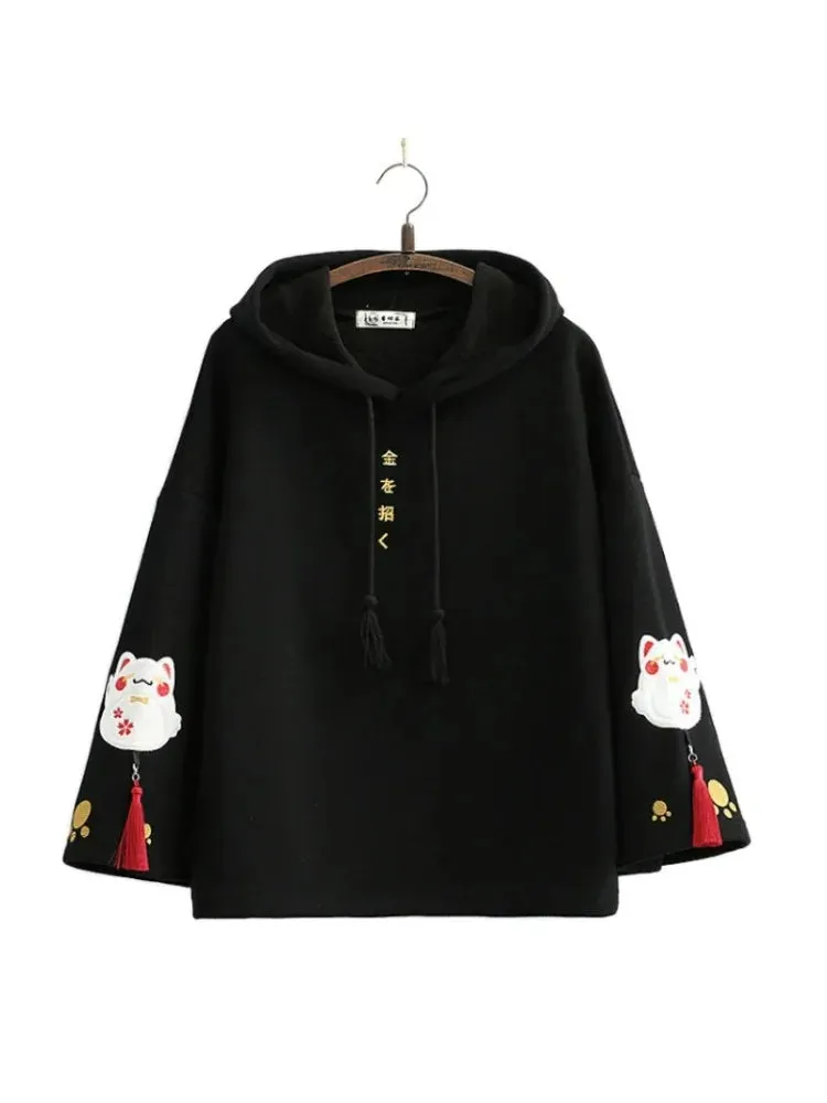 Black Harakuju Fox Embroidery Casual Women Hoodies Winter Flare Sleeve Hooded Sweatshirts Female Korean Pullover Tracksuits