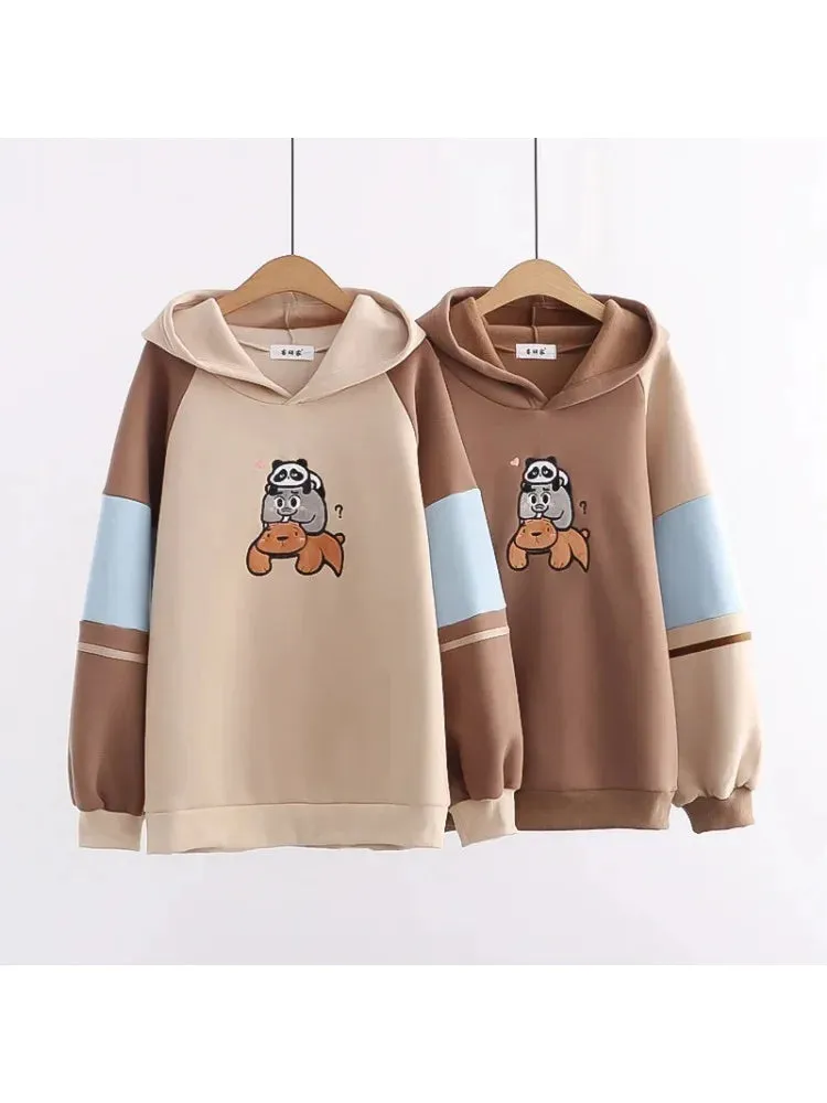 Cartoon Animal Embroider Harajuku Fleece Women Hoodies Winter Thick Drawstring Patchwork Hooded Sweatshirt Female Tops