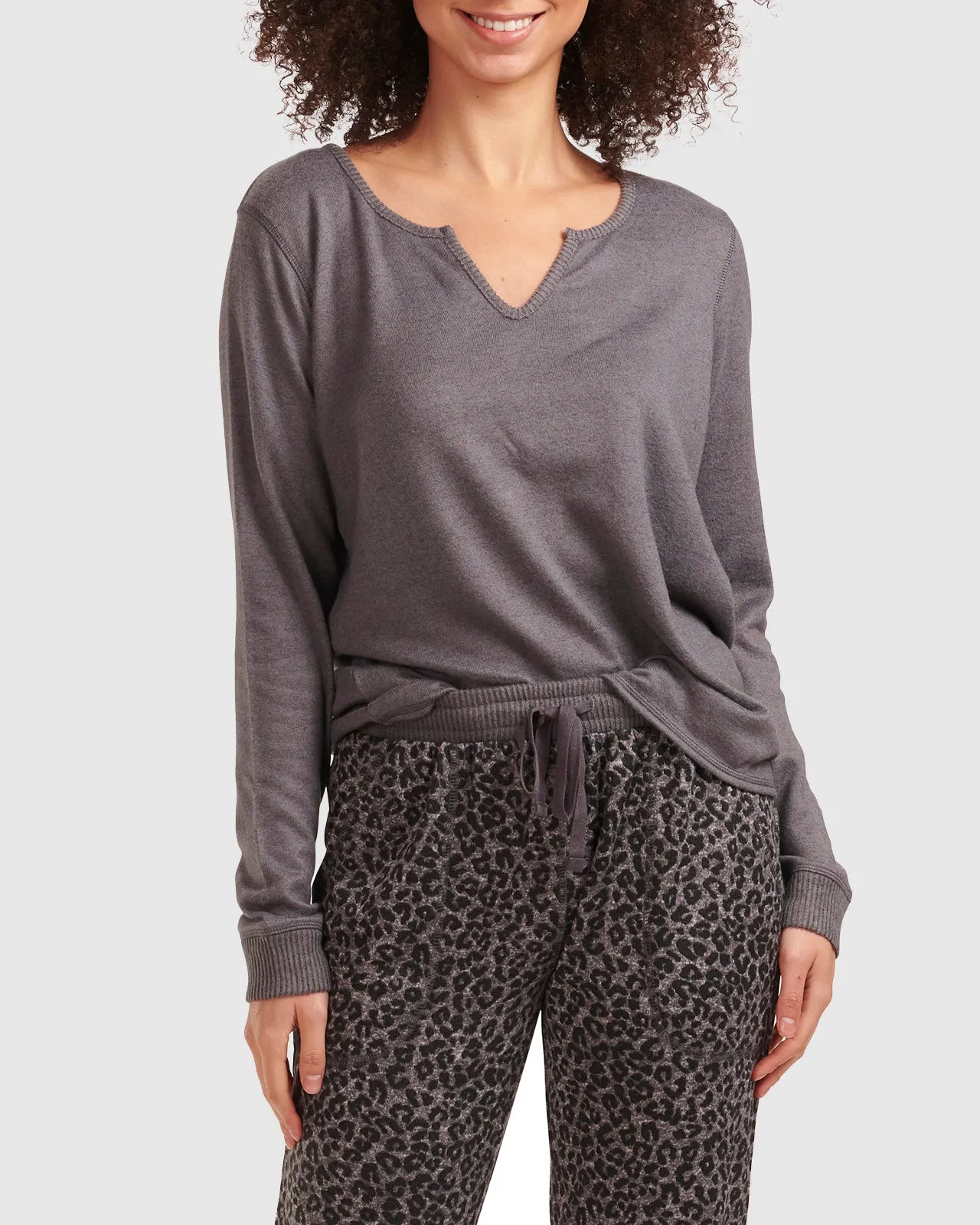 Charcoal Animal Print Split Neck Pullover PJ Set