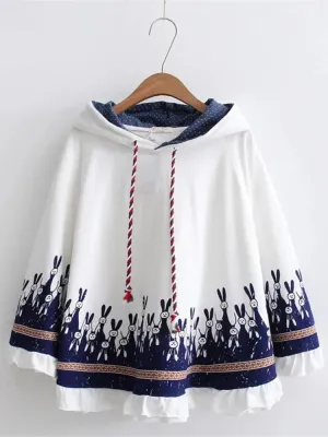 Cloak Outerwear Women Autumn Rabbit Print Ear Stereo Hoodies Coat Cotton Pullover Poncho Jacket  Hooded