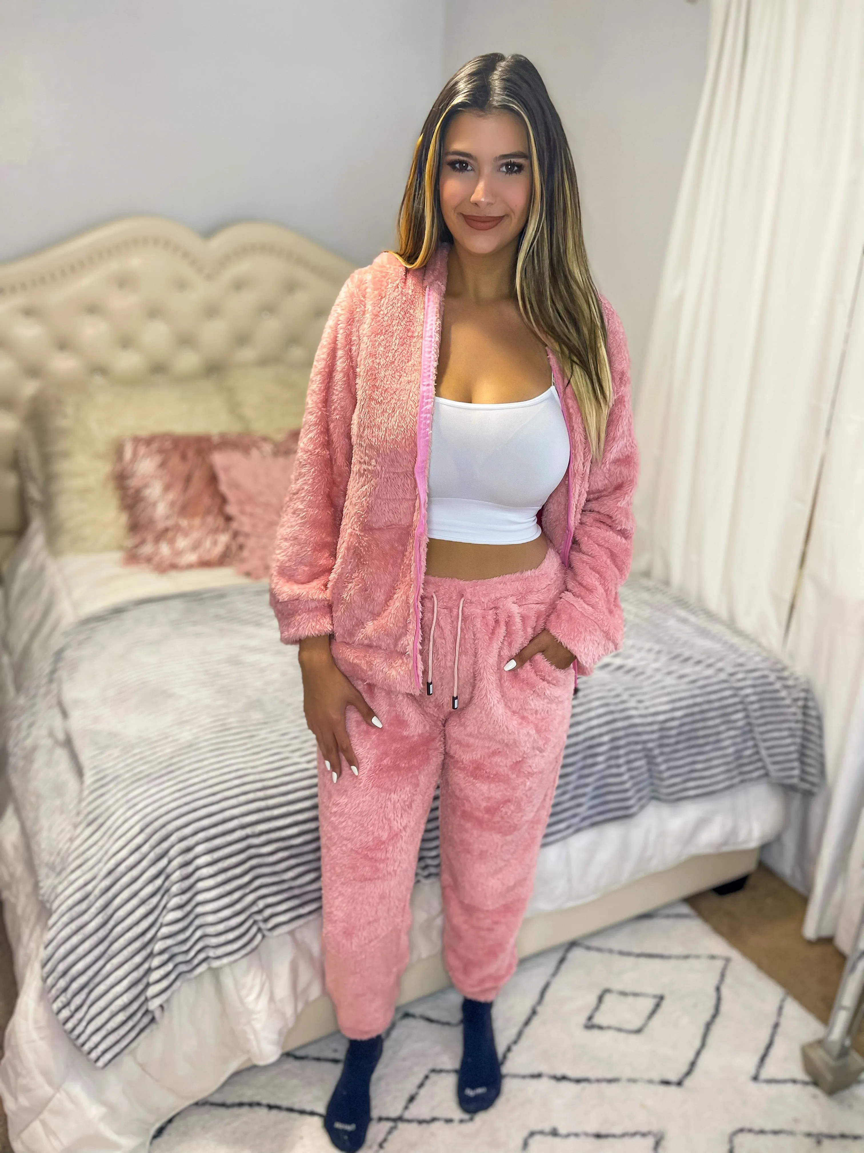 Cozy Connection Faux Fur Jogger Set - Pink