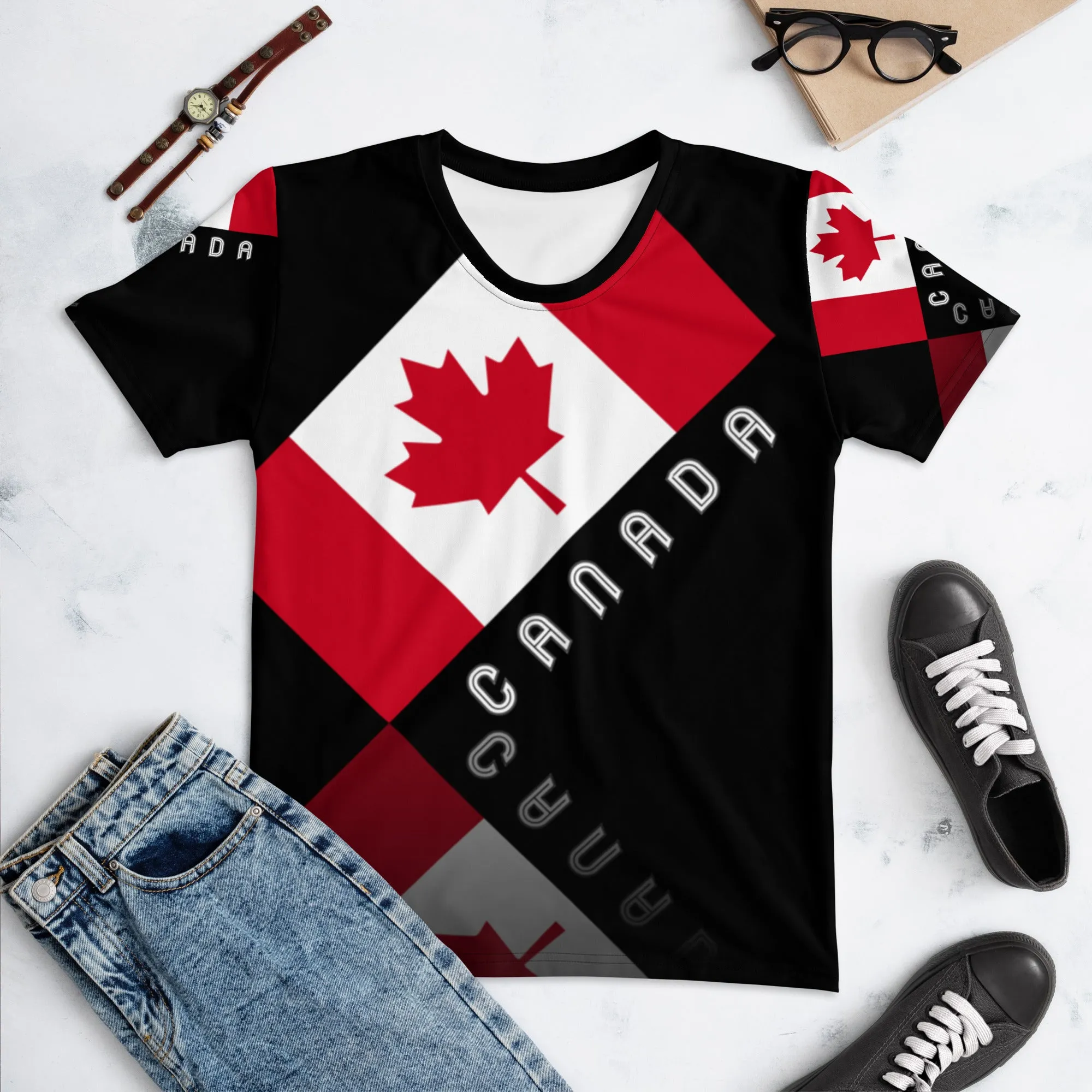 Elegant Maple Leaf Canada AOP Women's Crew Neck Black T-Shirt