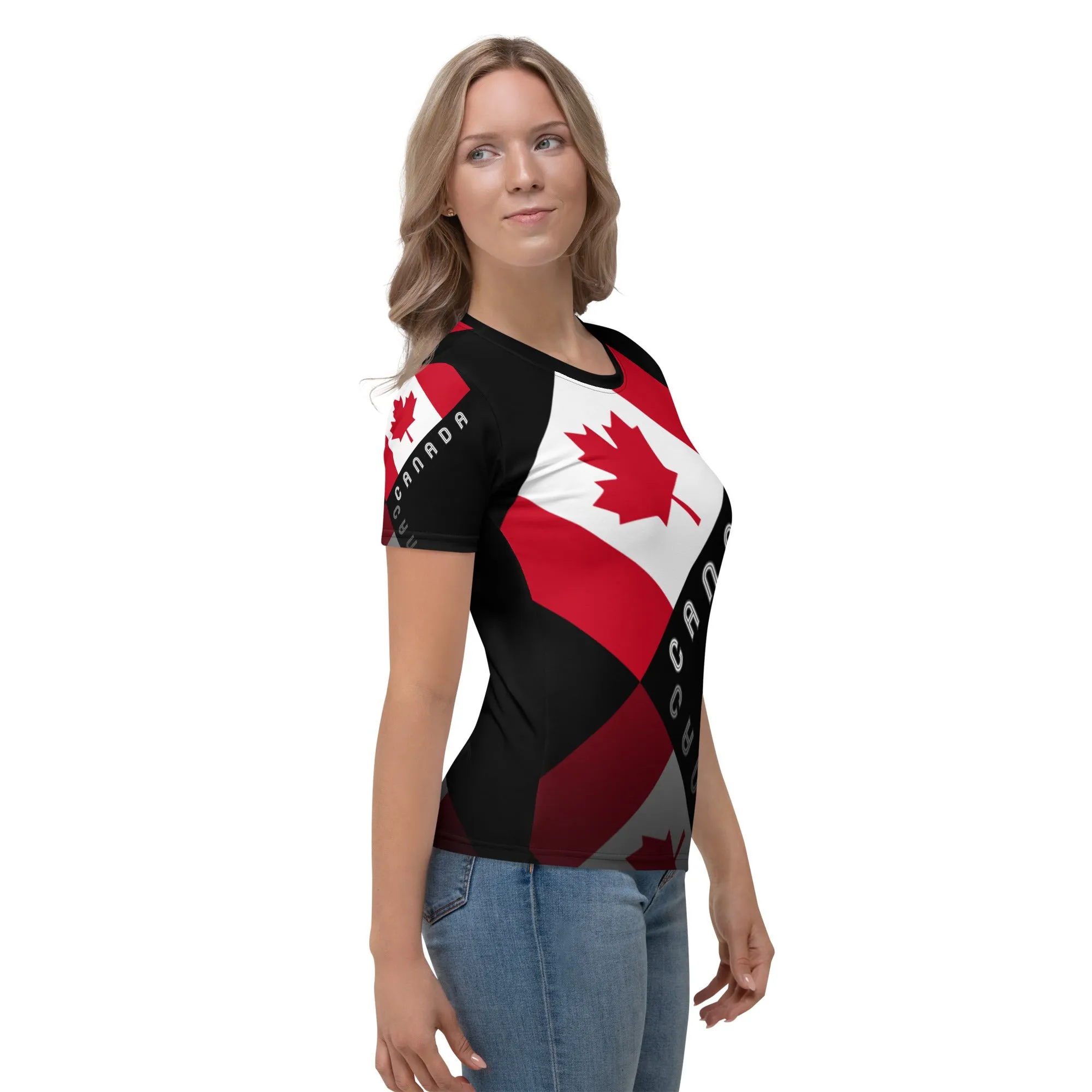 Elegant Maple Leaf Canada AOP Women's Crew Neck Black T-Shirt