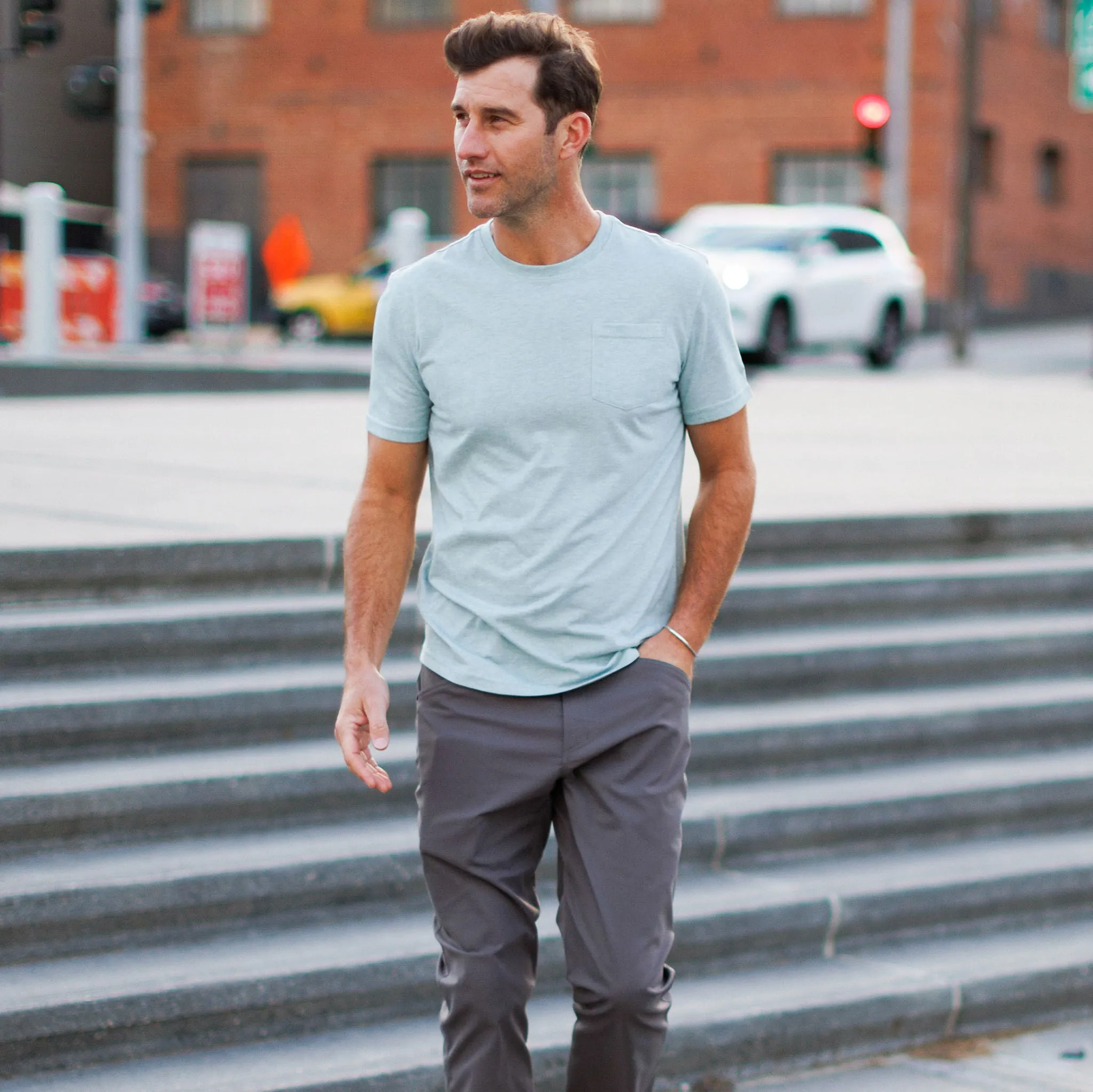 Everyday Tee with Pocket in Heather Gray Green