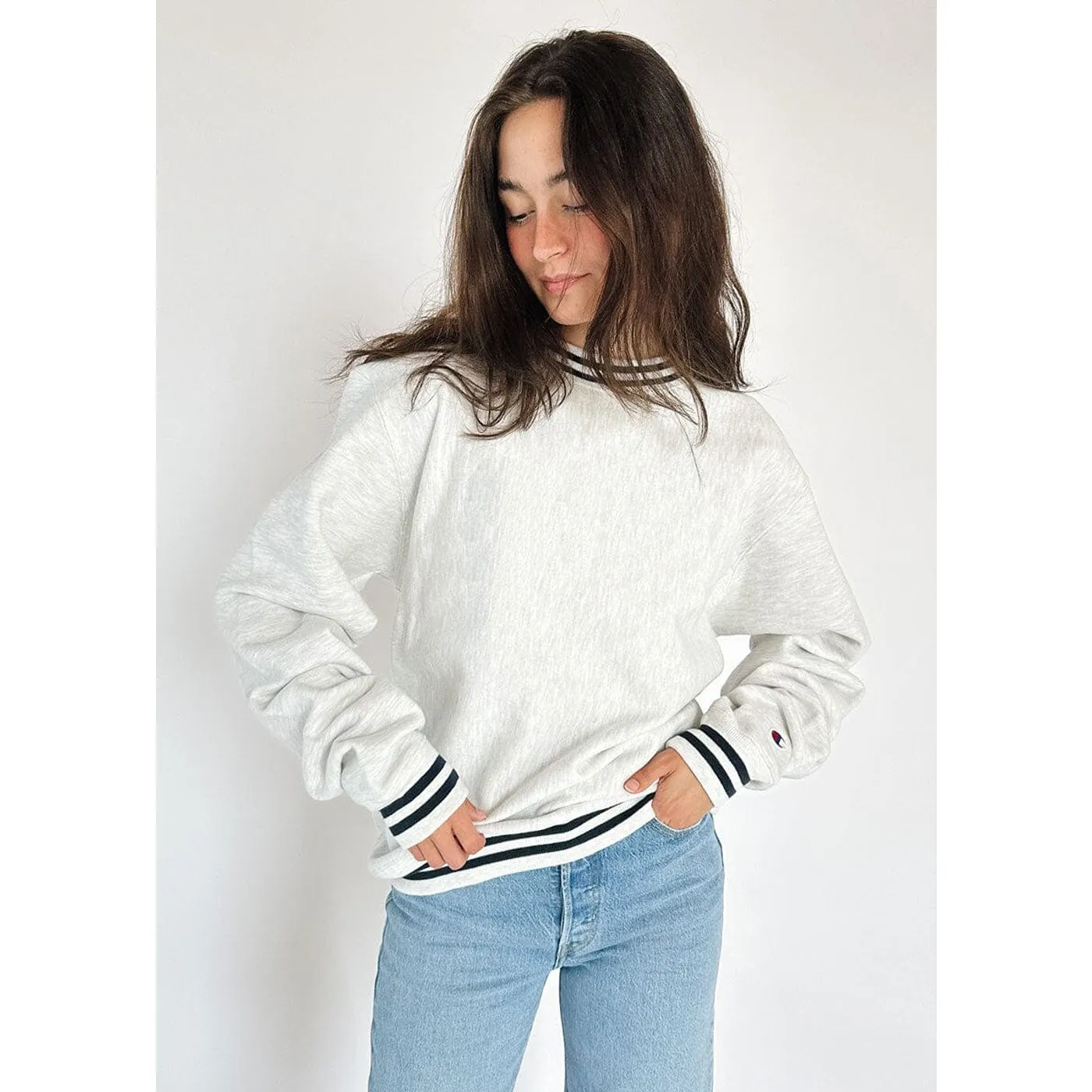 Grey Reverse Weave Navy Stripe Sweatshirt