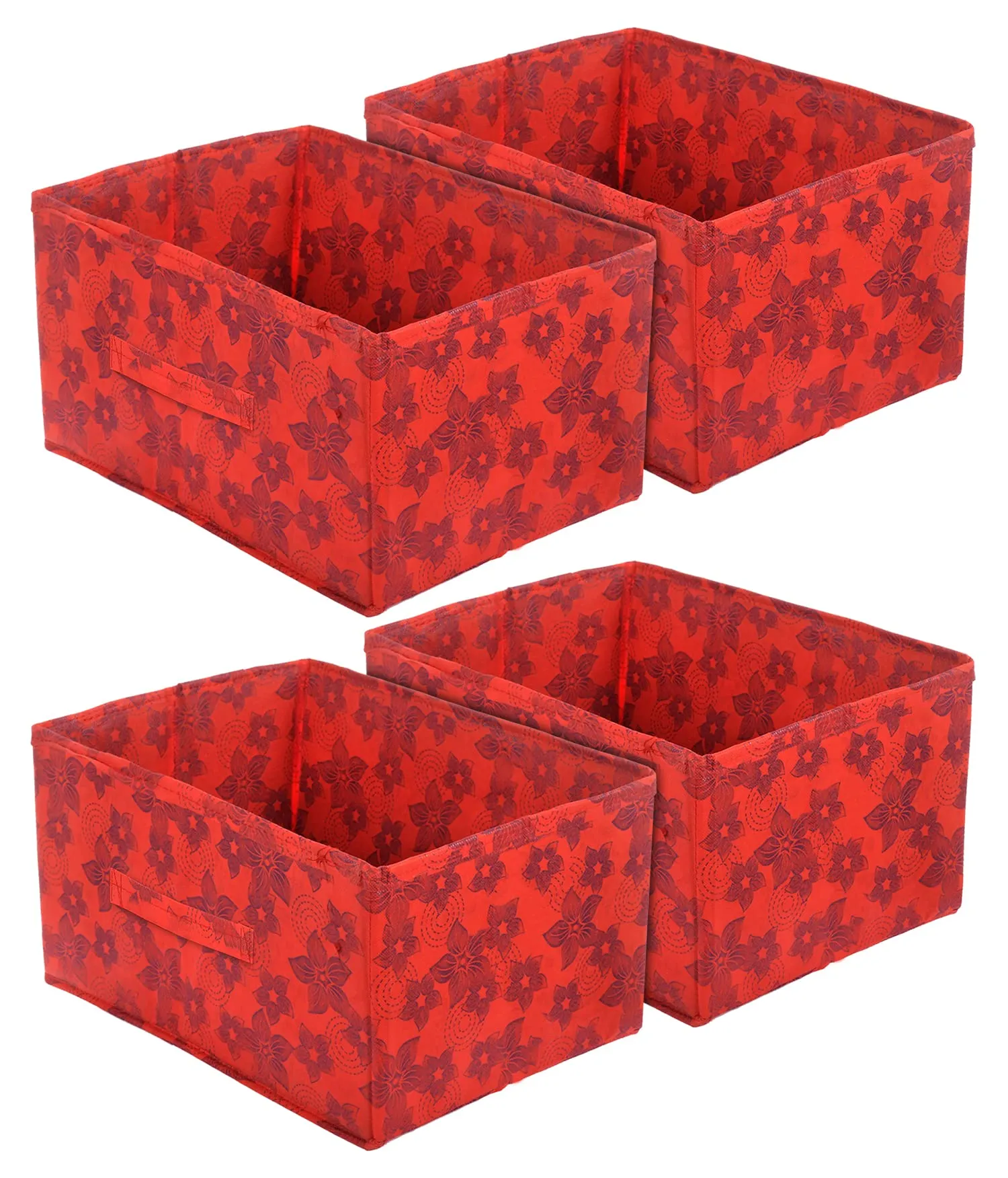 Heart Home Metallic Flower Printed Multipurposes Rectangular Flodable Storage Box, Drawer Storage and Cloth Organizer- Pack of 4 (Red)-HS43HEARTH26337