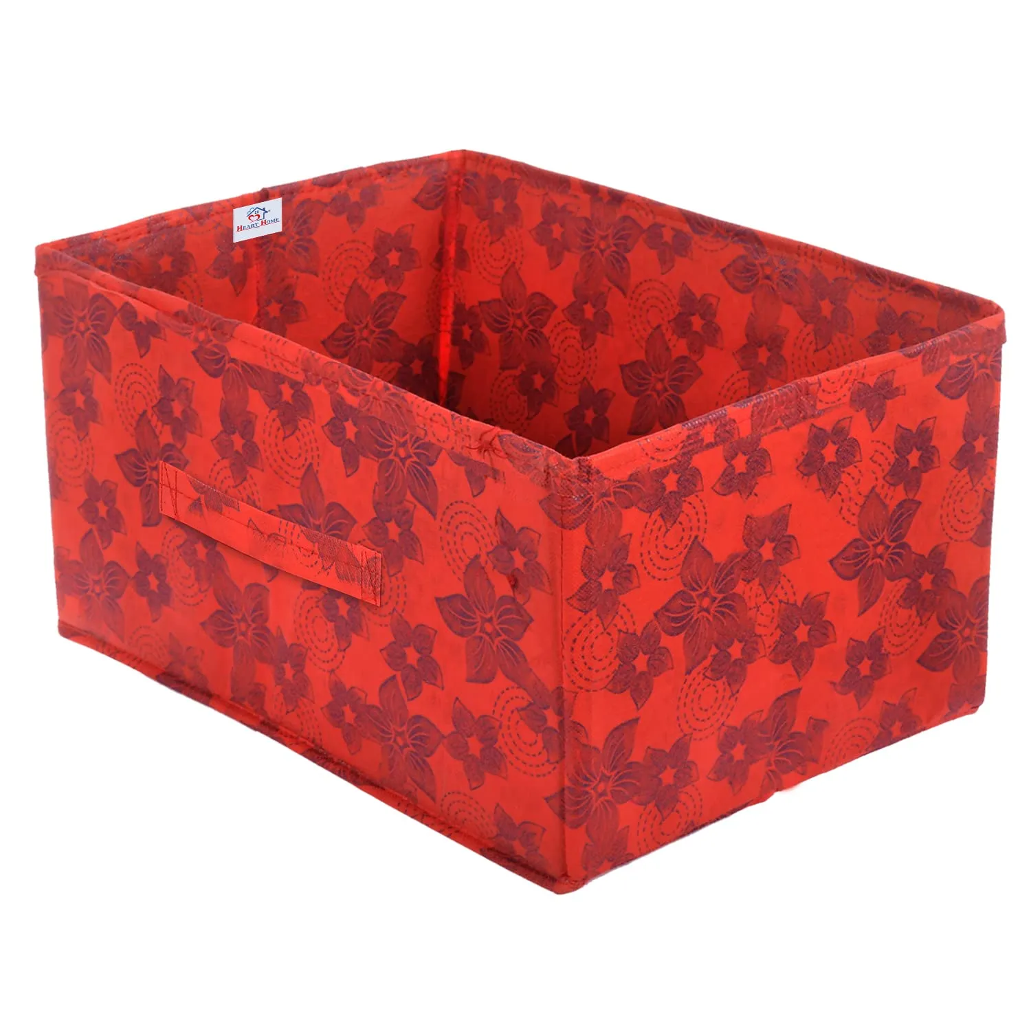 Heart Home Metallic Flower Printed Non-Woven Rectangular Flodable Cloth Storage Box/Drawer- Pack of 4 (Red)-HS43HEARTH26336