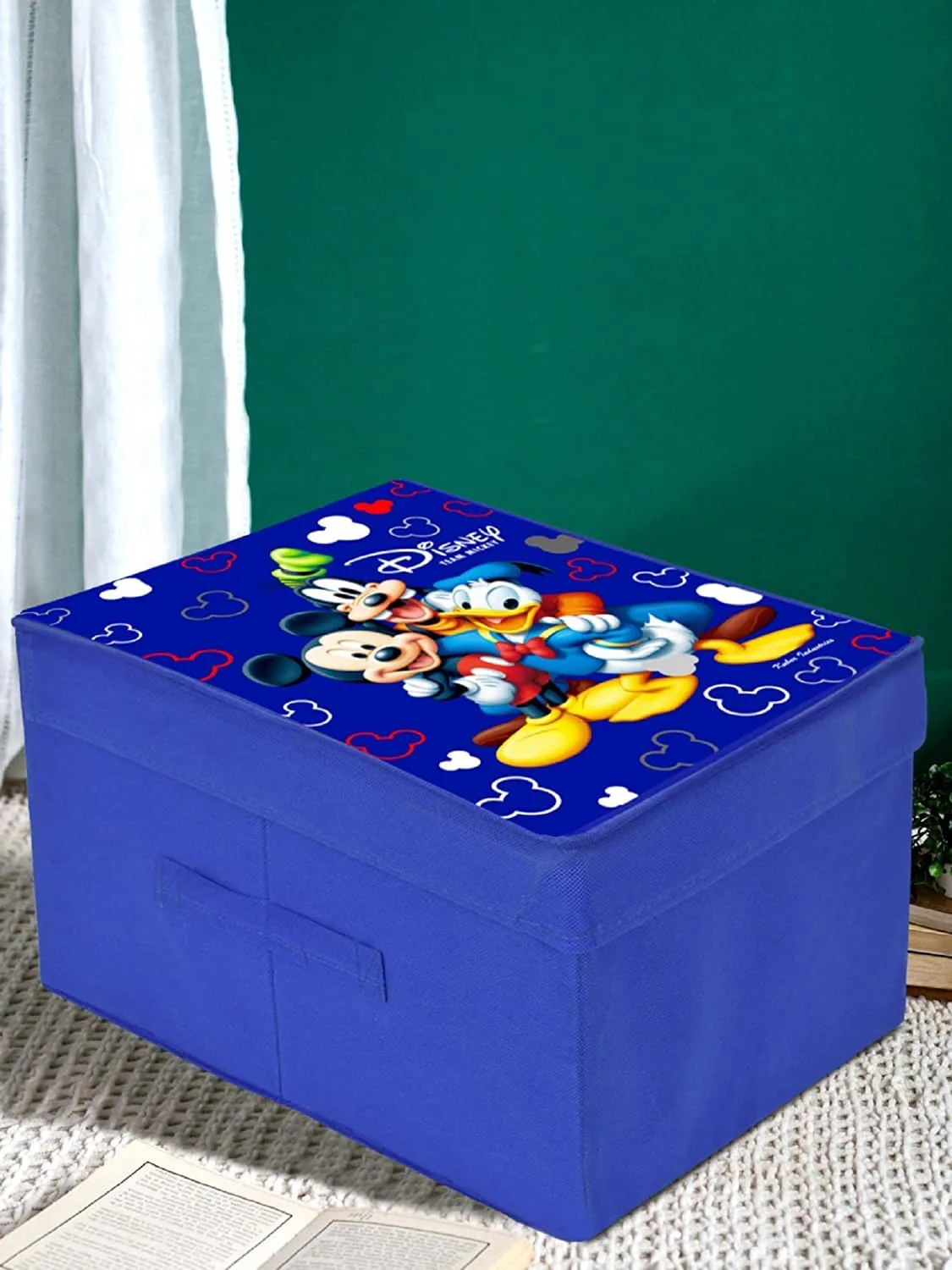 Heart Home Non-Woven Mickey & Friend Print Flodable Storage Box/Wardrobe Organizer With Lid For Home Decor (Blue) 54HH4228.