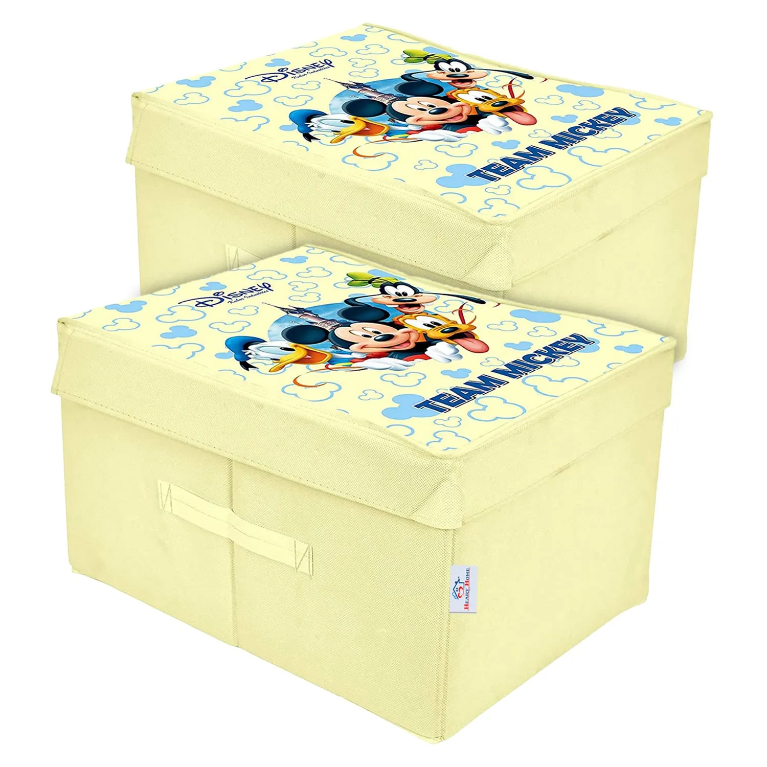 Heart Home Non-Woven Mickey & Friend Print Flodable Storage Box/Wardrobe Organizer With Lid For Home Decor, Pack of 2 (Cream) 54HH4231.