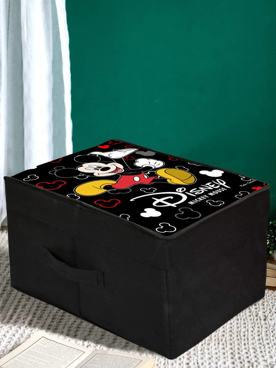 Heart Home Non-Woven Mickey Mouse Print Flodable Storage Box/Wardrobe Organizer With Lid For Home Decor (Black) 54HH4232.