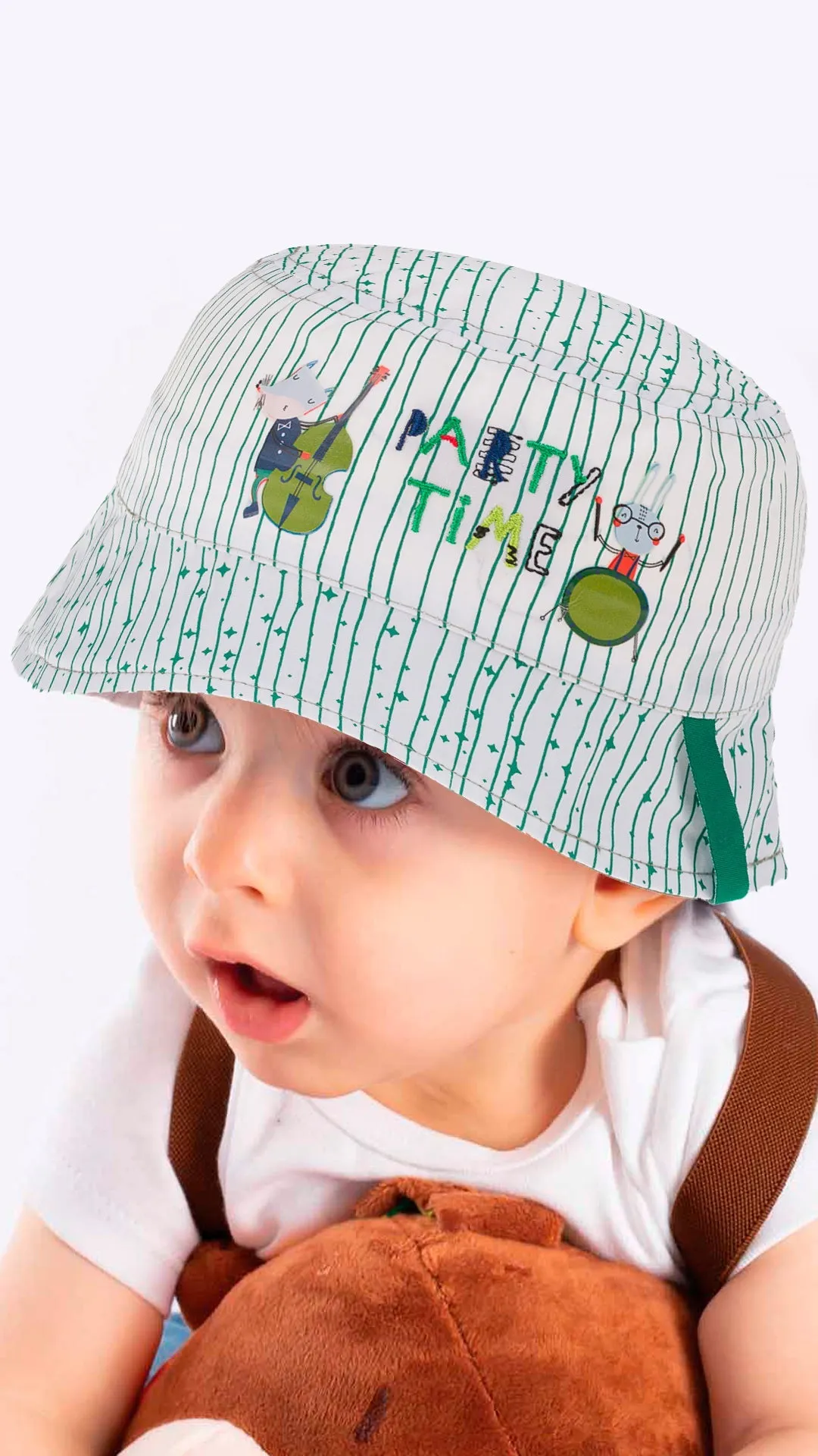 Infant Bucket Hat, Party Time Animal Band Cotton Embroidered Hat