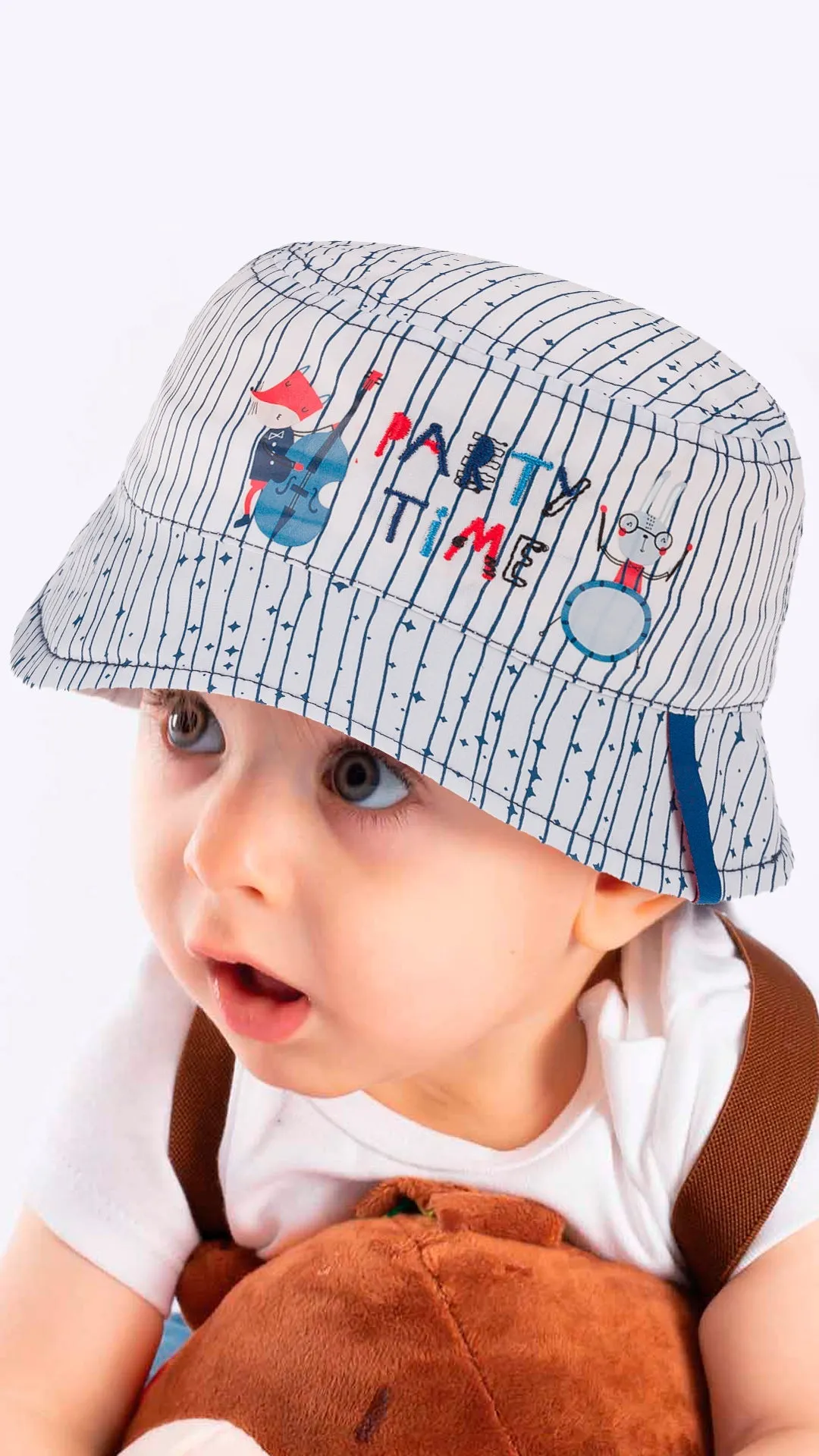 Infant Bucket Hat, Party Time Animal Band Cotton Embroidered Hat