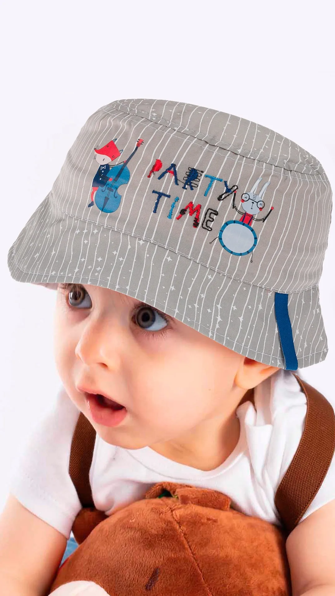 Infant Bucket Hat, Party Time Animal Band Cotton Embroidered Hat