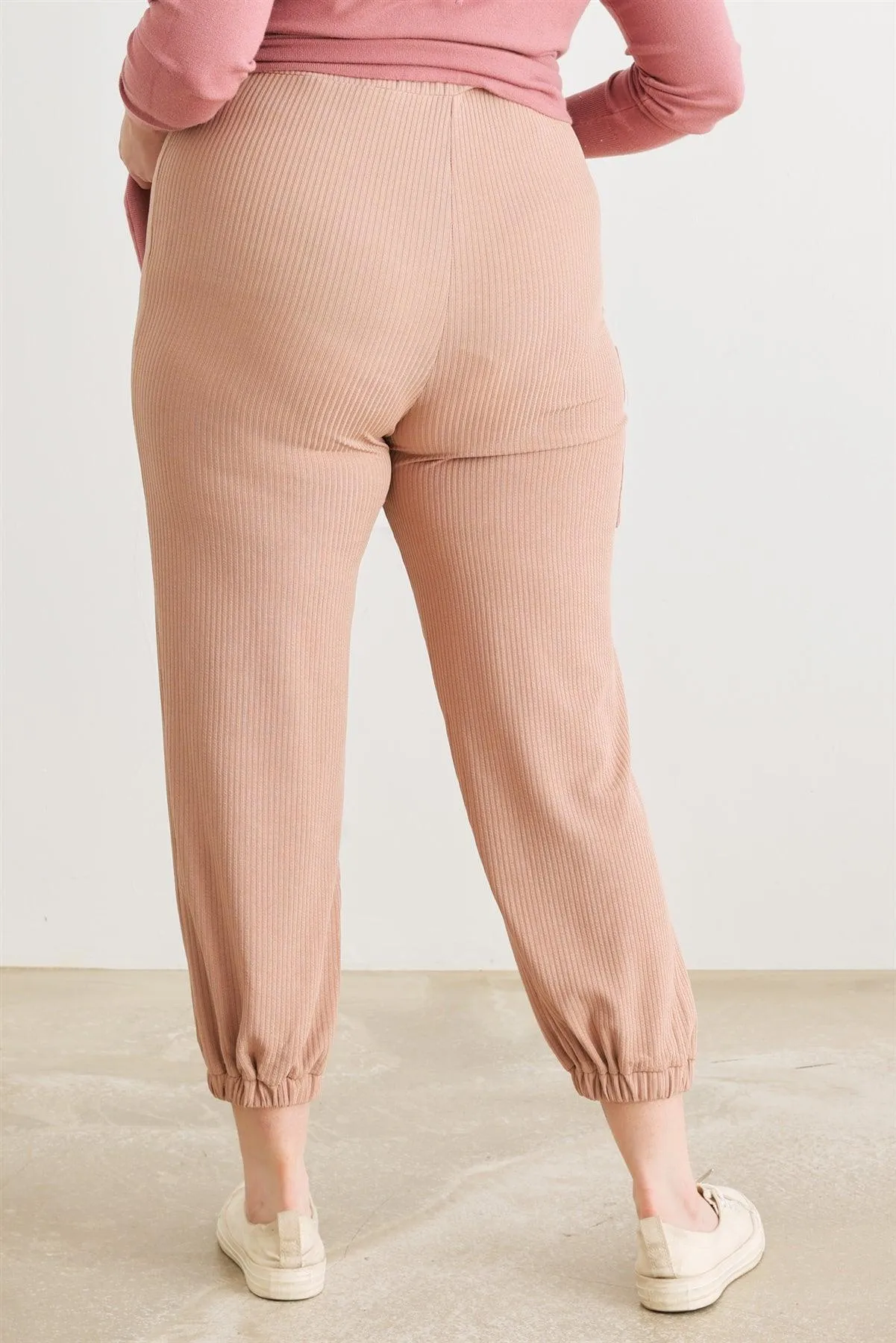 Junior Plus Taupe Ribbed High Waist Jogger Pants /3-1-1