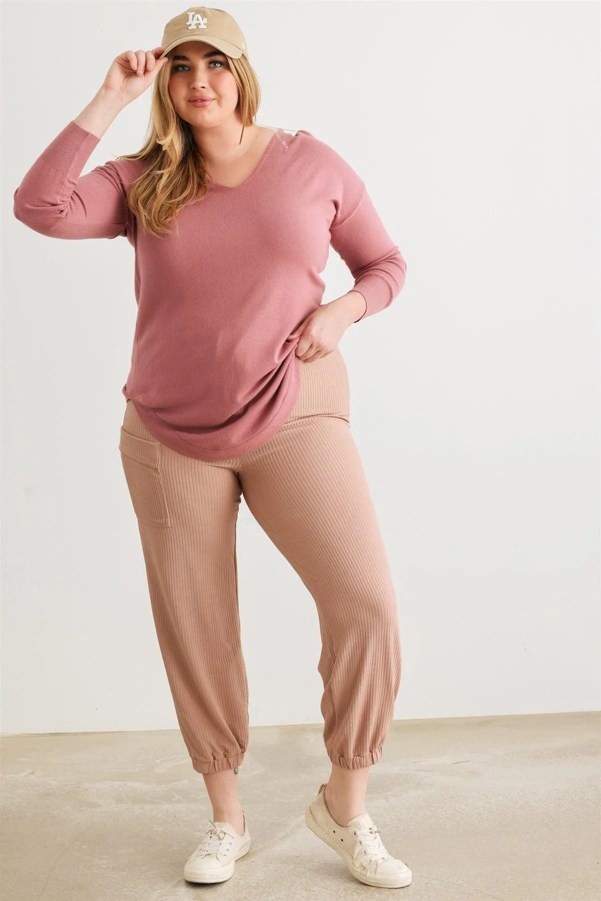 Junior Plus Taupe Ribbed High Waist Jogger Pants /3-1-1