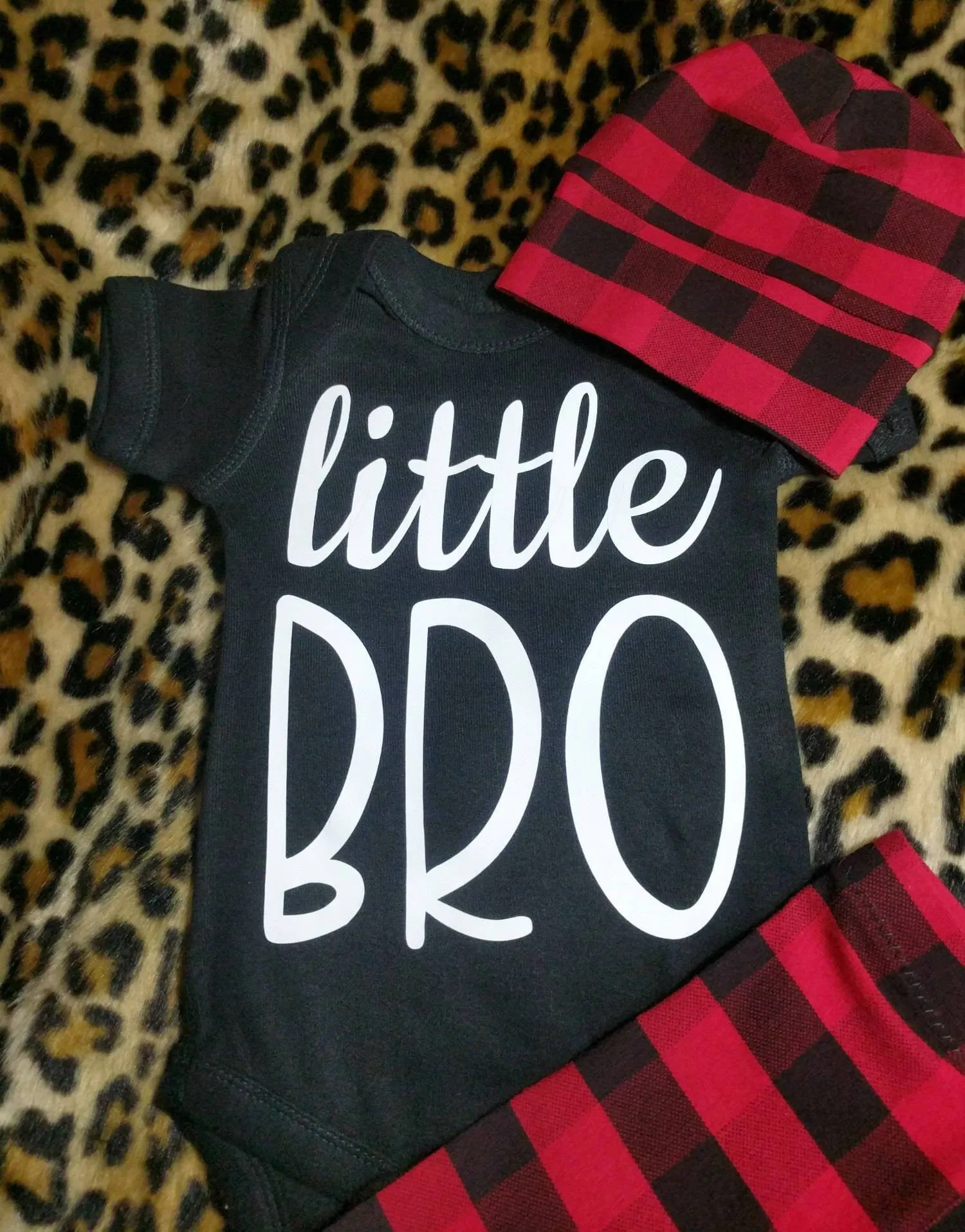 Newborn Boy Hospital Outfit,Little Bro OR CUSTOM Bodysuit   Black Red Buffalo Plaid Jogger Pant & Matching Hat,Baby Boy Hospital Clothing