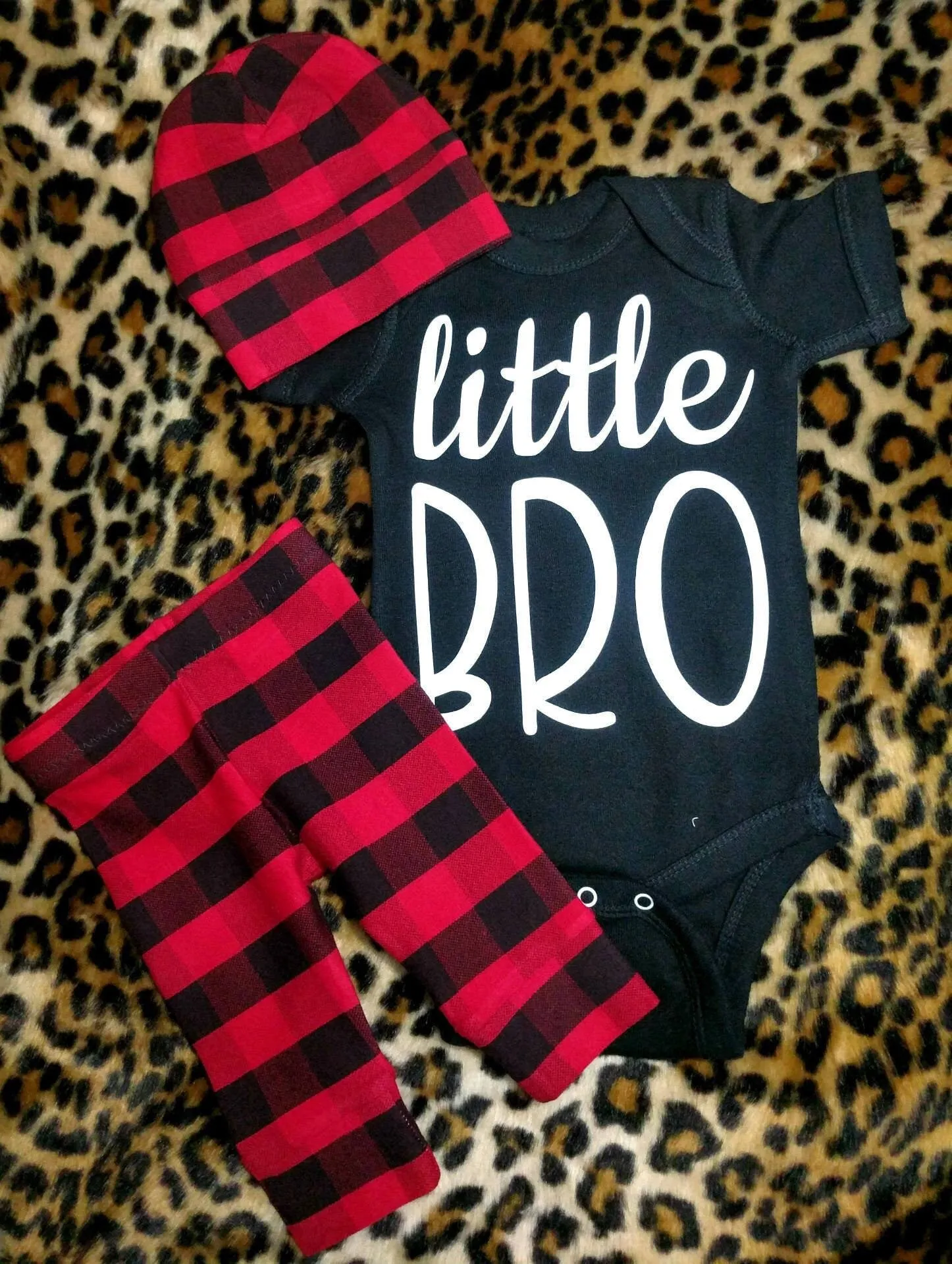 Newborn Boy Hospital Outfit,Little Bro OR CUSTOM Bodysuit   Black Red Buffalo Plaid Jogger Pant & Matching Hat,Baby Boy Hospital Clothing