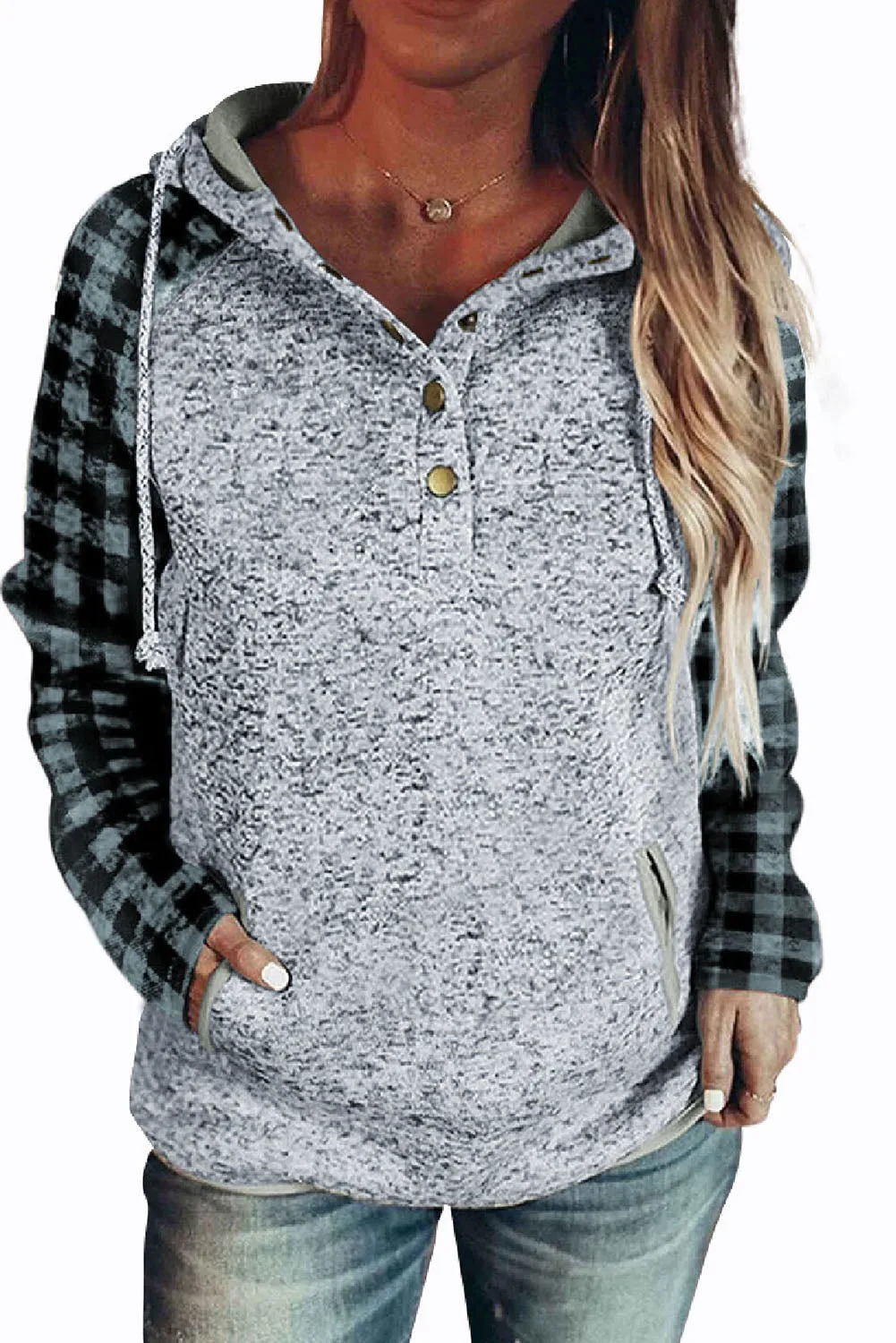 Plaid Splicing Kangaroo Pocket Buttoned Hoodie