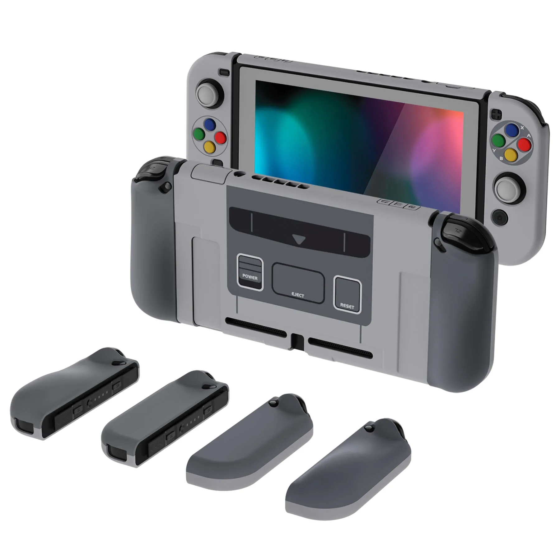 PlayVital AlterGrips Dockable Protective Case Ergonomic Grip Cover for Nintendo Switch, Interchangeable Joycon Cover w/Screen Protector & Thumb Grip Caps & Button Caps - SFC SNES Classic EU Style - TNSYY7001