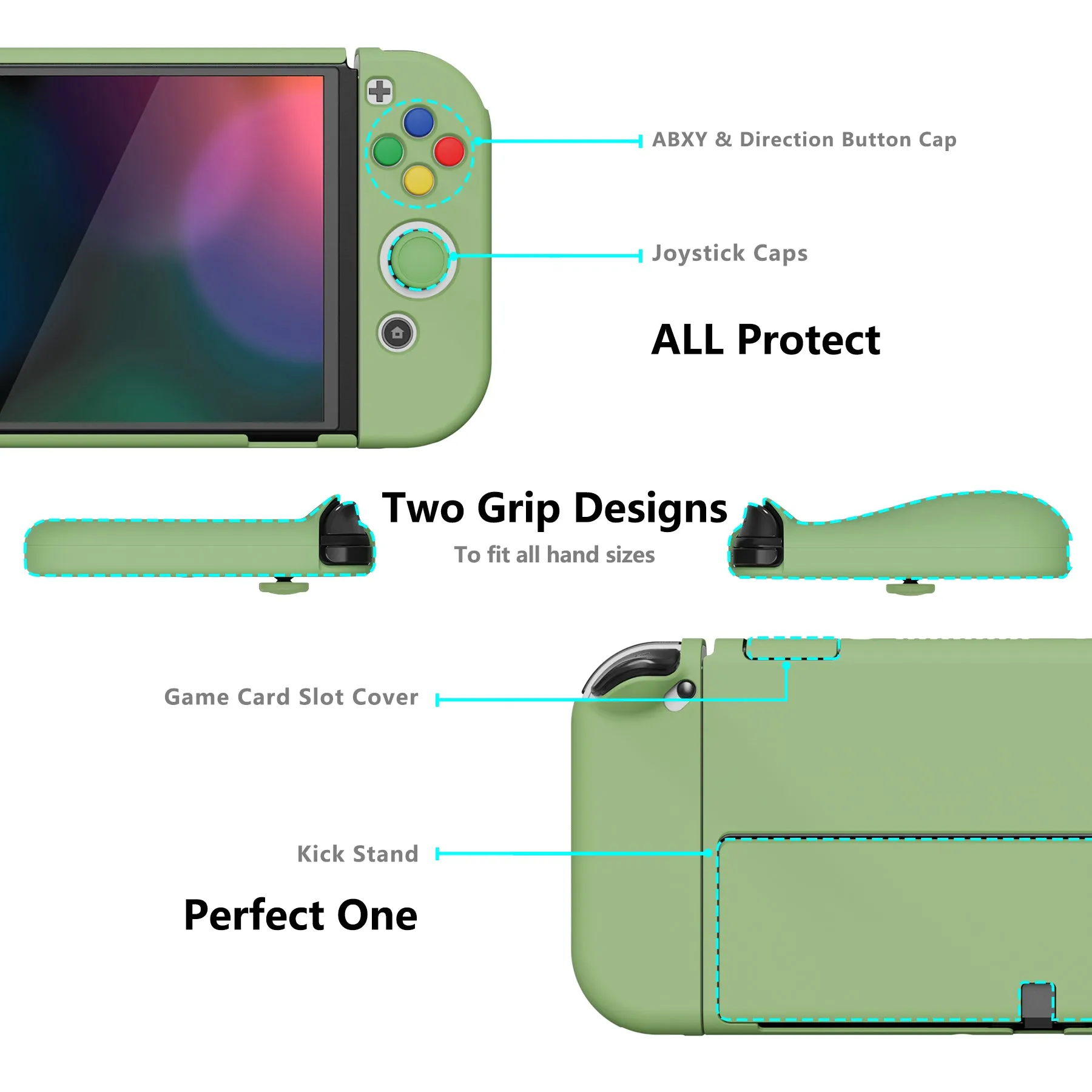 PlayVital AlterGrips Protective Slim Case for Nintendo Switch OLED, Ergonomic Grip Cover for Joycon, Dockable Hard Shell for Switch OLED with Thumb Grip Caps & Button Caps - Matcha Green - JSOYP3005