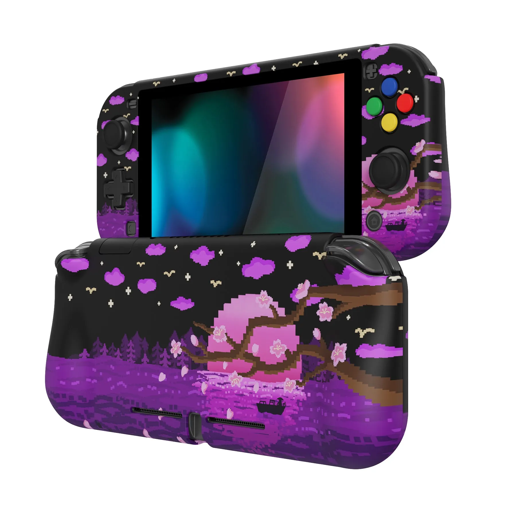 PlayVital ZealProtect Protective Case for Nintendo Switch Lite, Hard Shell Ergonomic Grip Cover for Switch Lite w/Screen Protector & Thumb Grip Caps & Button Caps - Pixel Moon Night - PSLYR015