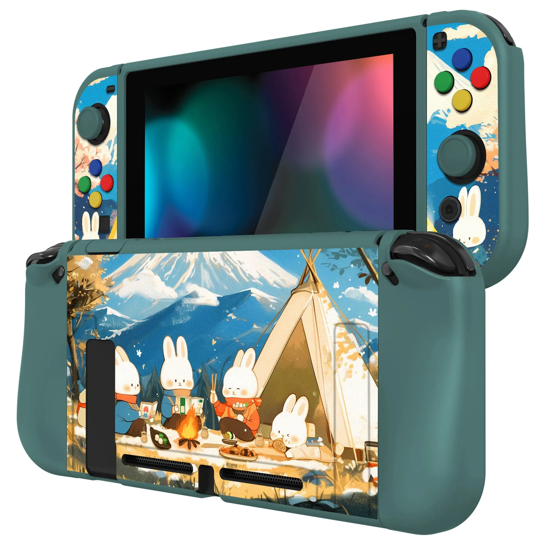 PlayVital ZealProtect Soft Protective Case for Nintendo Switch, Flexible Cover for Switch with Tempered Glass Screen Protector & Thumb Grips & ABXY Direction Button Caps - Camping Bunnies - RNSYV6058