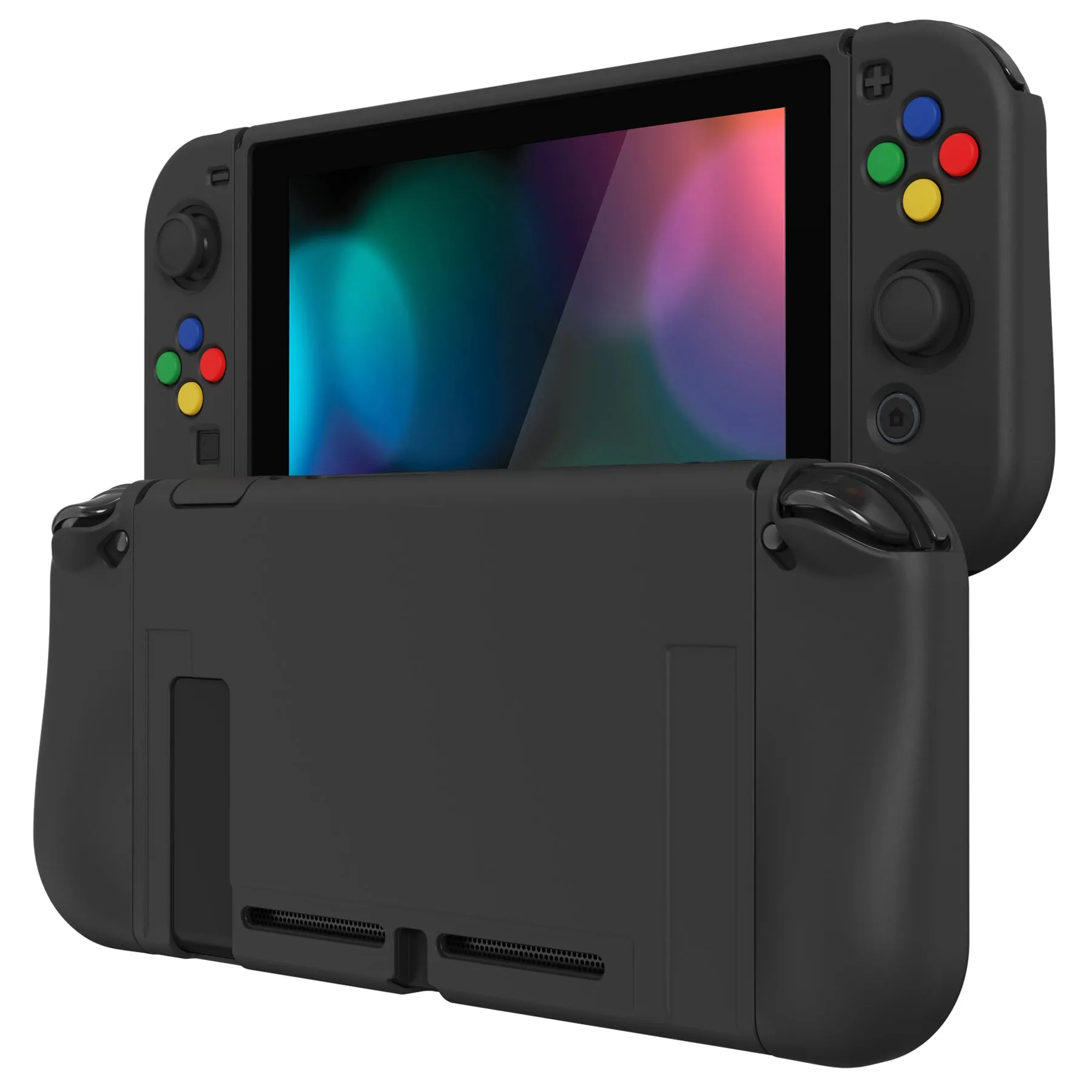 PlayVital ZealProtect Soft Protective Case for Nintendo Switch, Flexible Cover Protector for Nintendo Switch with Tempered Glass Screen Protector & Thumb Grip Caps & ABXY Direction Button Caps - Black - RNSYM5001