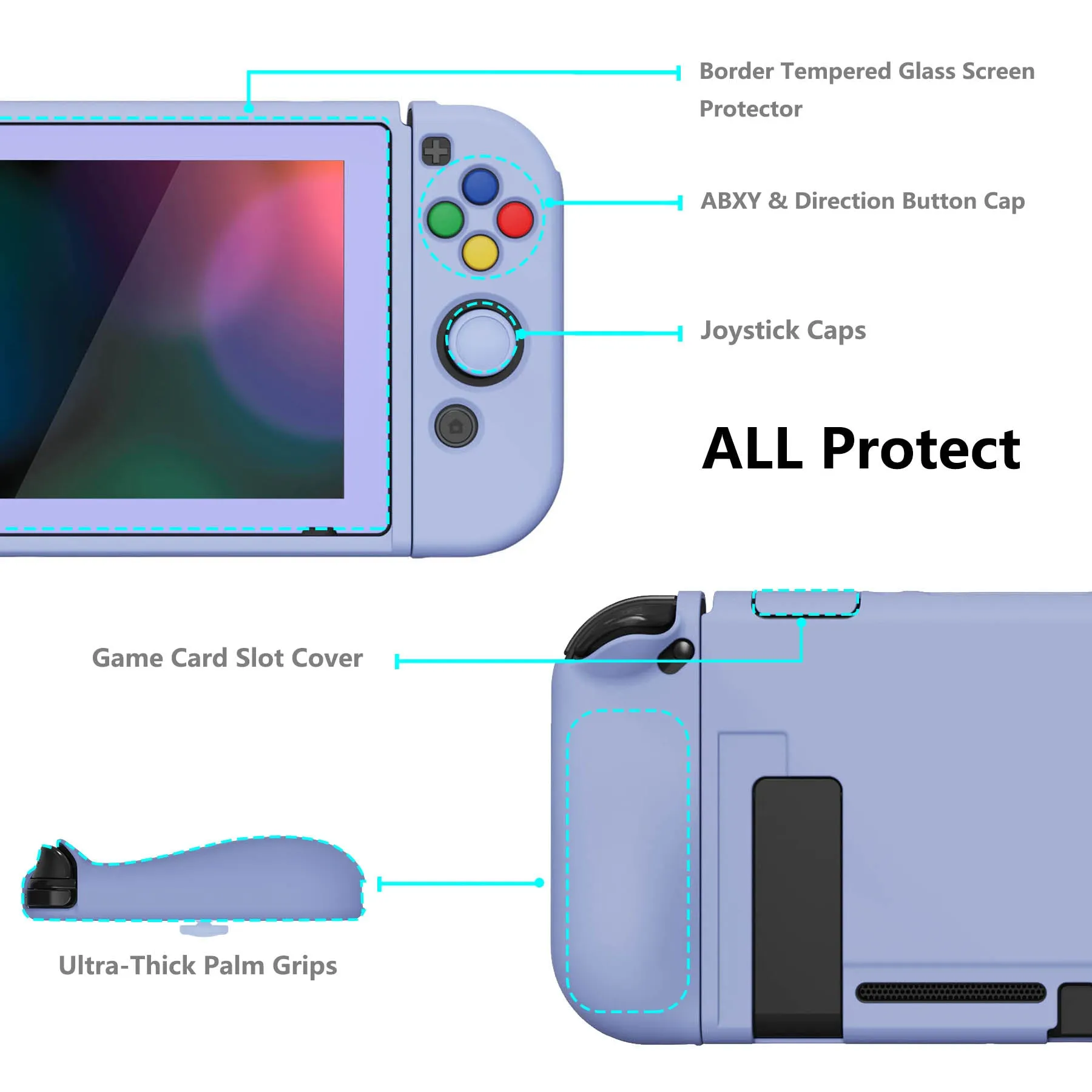 PlayVital ZealProtect Soft Protective Case for Nintendo Switch, Flexible Cover Protector for Nintendo Switch with Tempered Glass Screen Protector & Thumb Grip Caps & ABXY Direction Button Caps - Light Violet - RNSYM5003