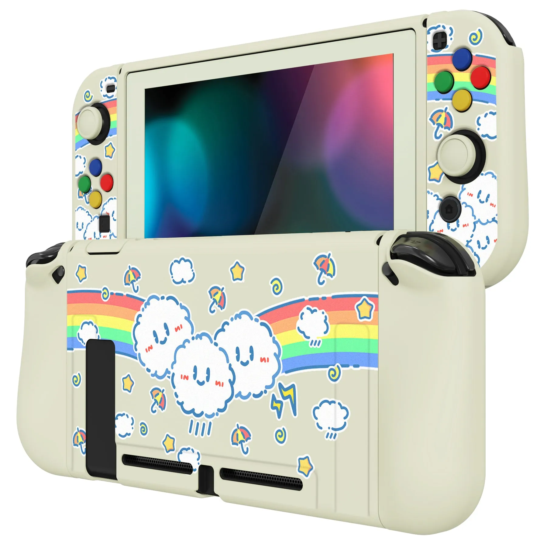 PlayVital ZealProtect Soft Protective Case for Nintendo Switch, Flexible Cover Protector for Nintendo Switch with Tempered Glass Screen Protector & Thumb Grip Caps & ABXY Direction Button Caps - Rainbow on Cloud - RNSYV6016