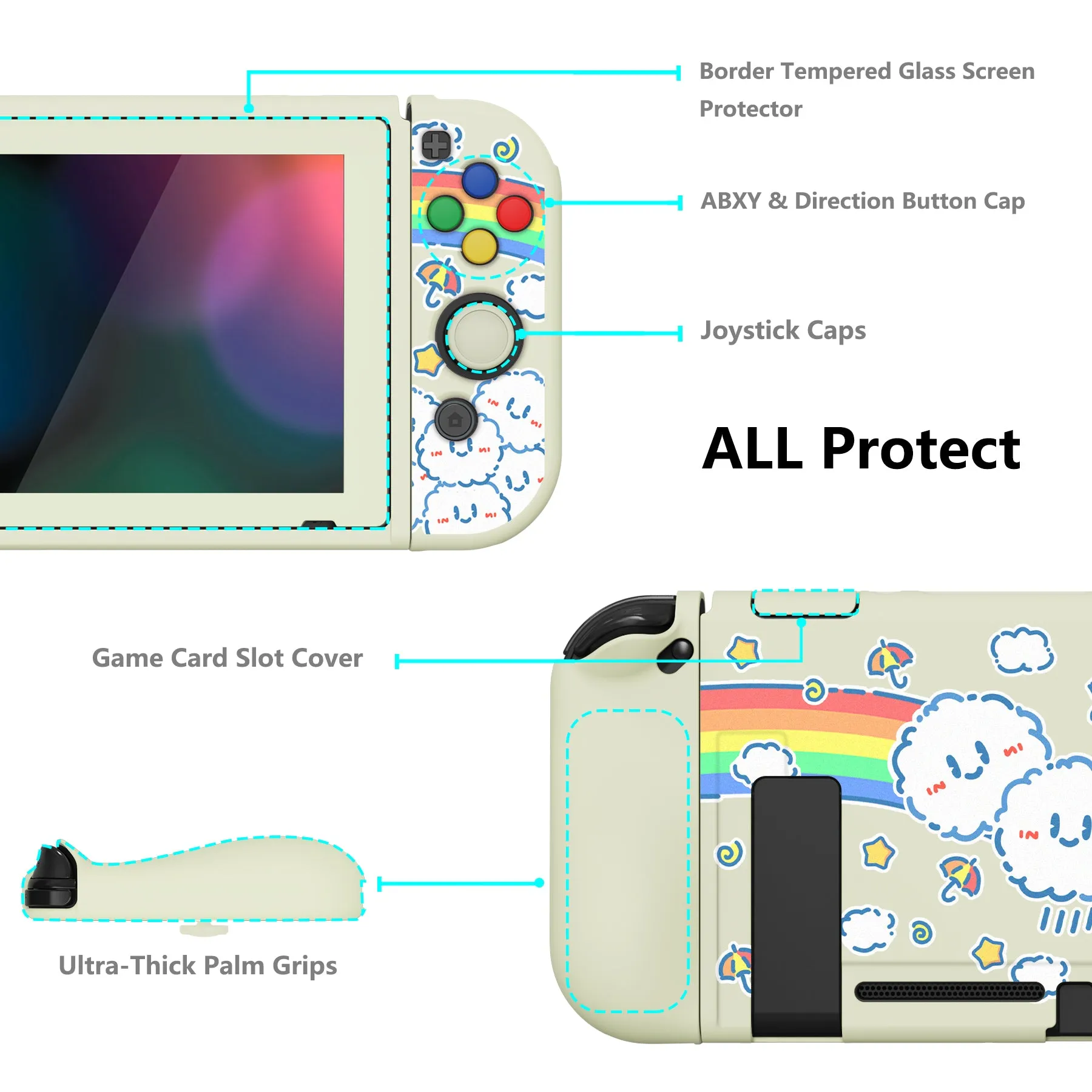 PlayVital ZealProtect Soft Protective Case for Nintendo Switch, Flexible Cover Protector for Nintendo Switch with Tempered Glass Screen Protector & Thumb Grip Caps & ABXY Direction Button Caps - Rainbow on Cloud - RNSYV6016