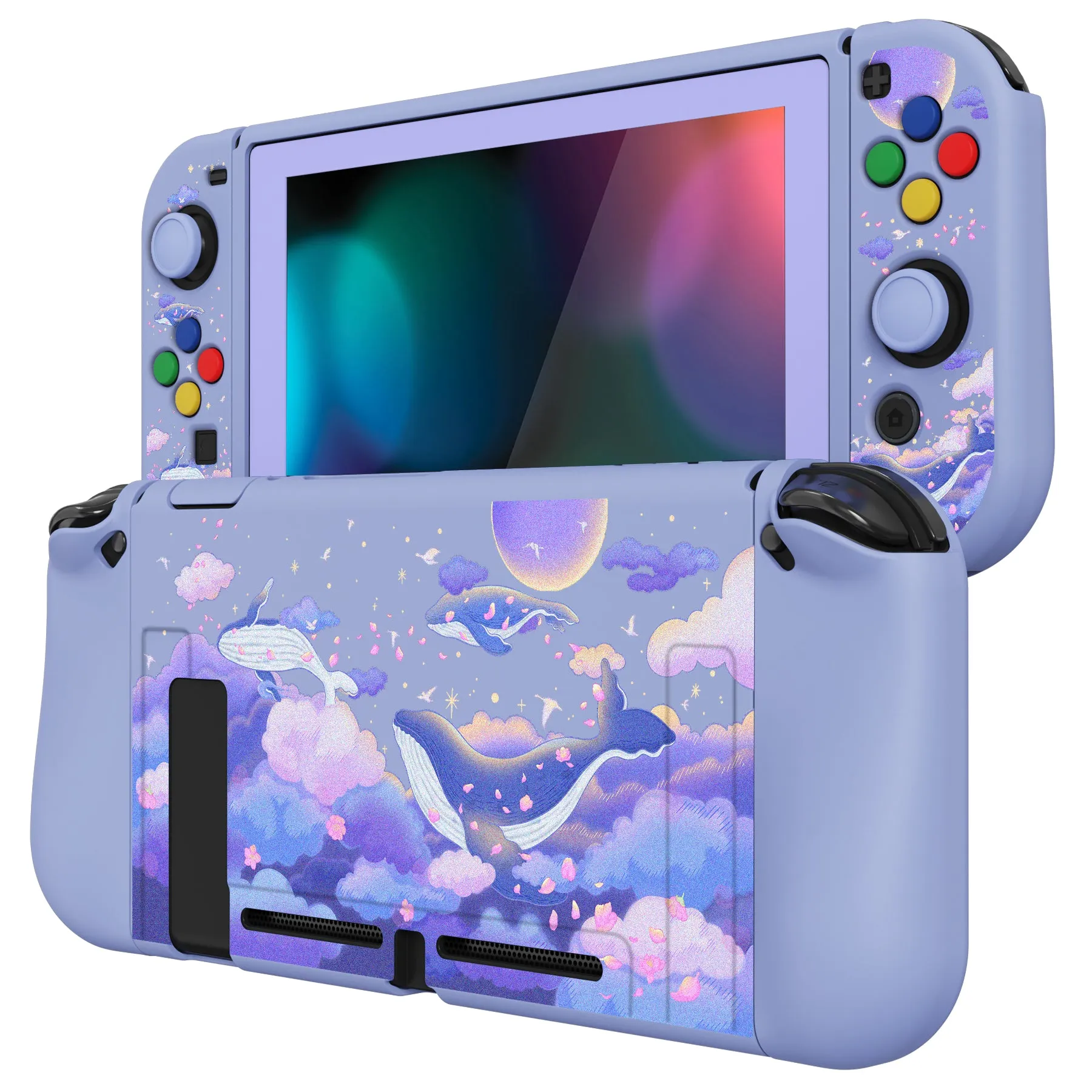 PlayVital ZealProtect Soft Protective Case for Nintendo Switch, Flexible Cover Protector for Nintendo Switch with Tempered Glass Screen Protector & Thumb Grip Caps & ABXY Direction Button Caps - Whale in Dream - RNSYV6034