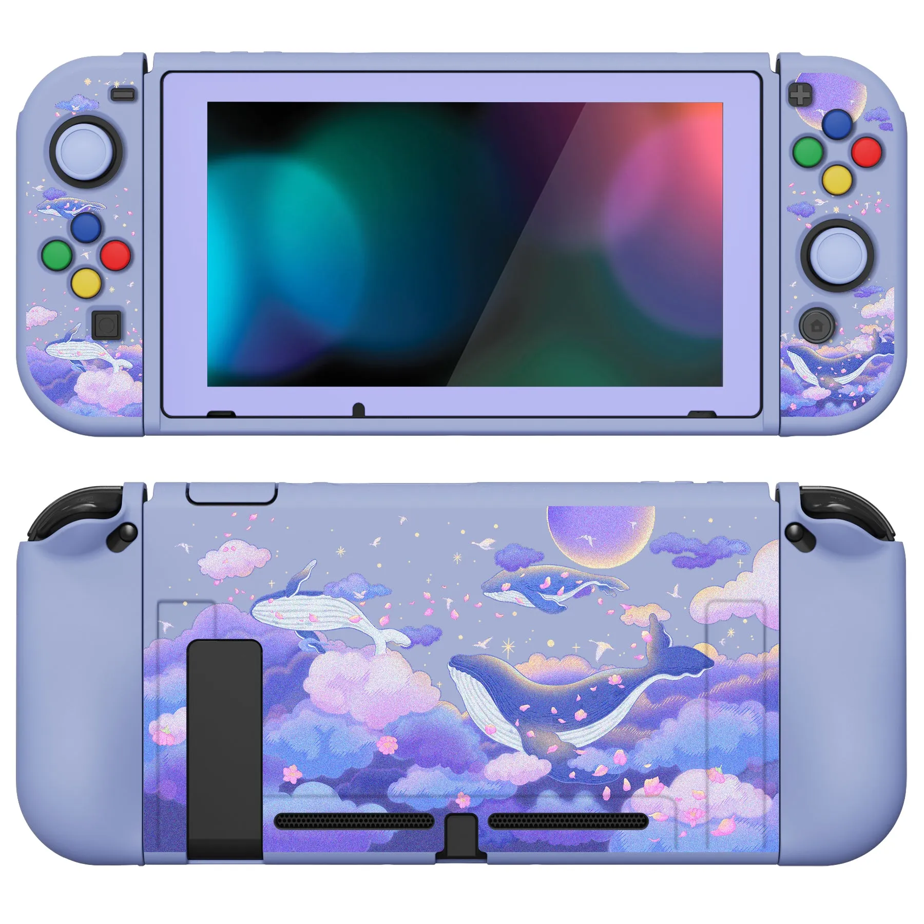 PlayVital ZealProtect Soft Protective Case for Nintendo Switch, Flexible Cover Protector for Nintendo Switch with Tempered Glass Screen Protector & Thumb Grip Caps & ABXY Direction Button Caps - Whale in Dream - RNSYV6034