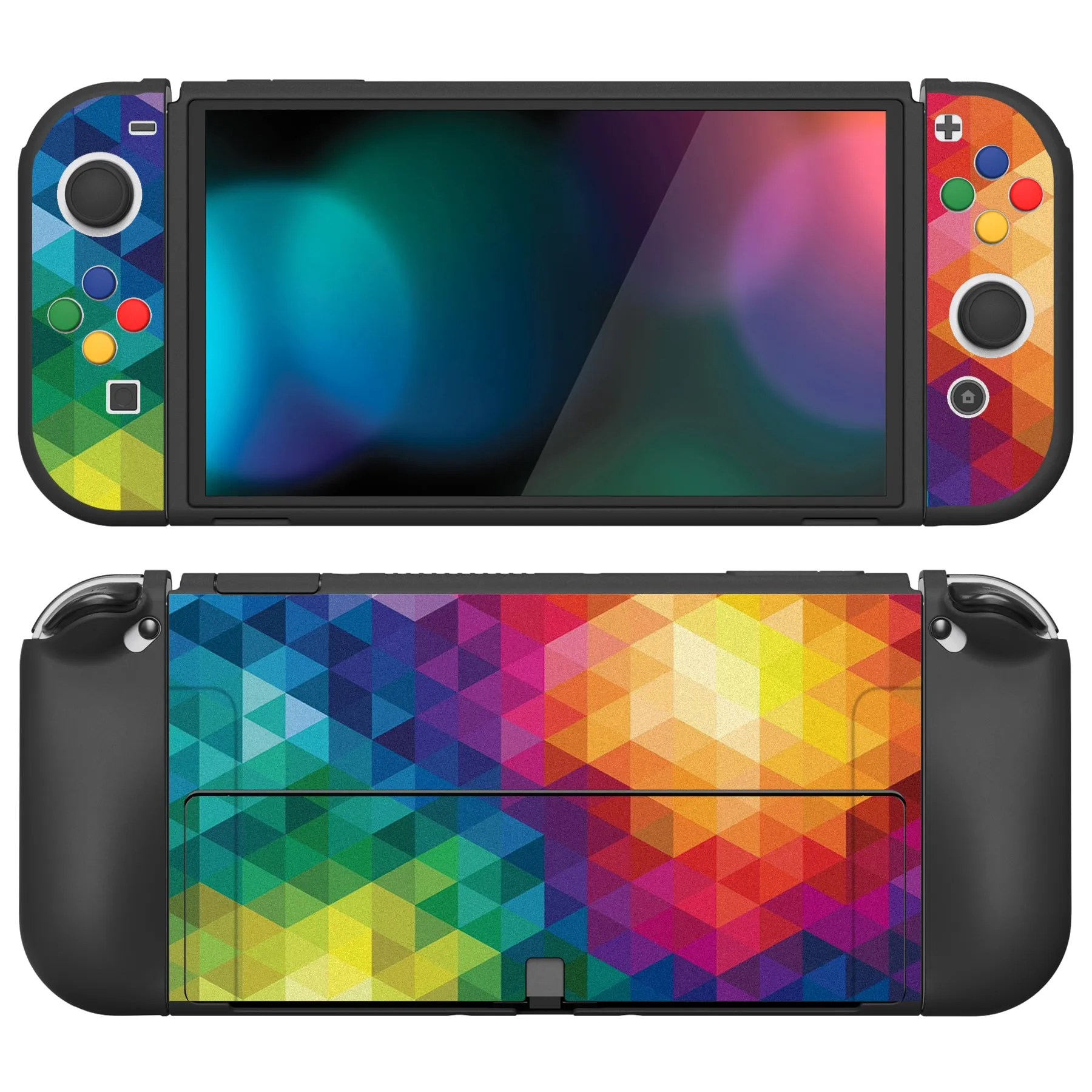 PlayVital ZealProtect Soft Protective Case for Nintendo Switch OLED, Flexible Protector Joycon Grip Cover for Nintendo Switch OLED with Thumb Grip Caps & ABXY Direction Button Caps - Colorful Triangle - XSOYV6005