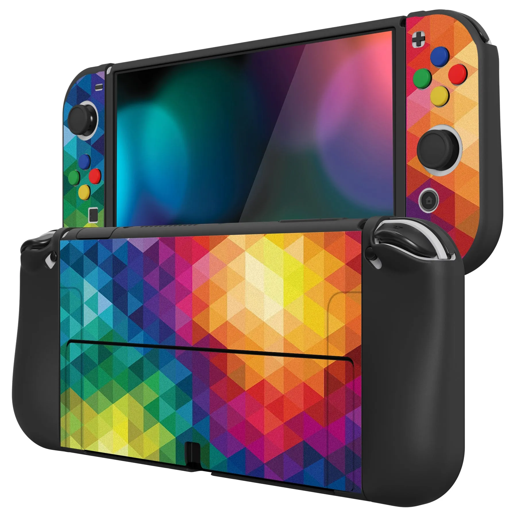 PlayVital ZealProtect Soft Protective Case for Nintendo Switch OLED, Flexible Protector Joycon Grip Cover for Nintendo Switch OLED with Thumb Grip Caps & ABXY Direction Button Caps - Colorful Triangle - XSOYV6005