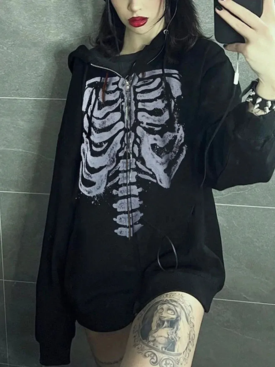 'Runaway Train' Black Grunge Skull Print Zipper Hoodie