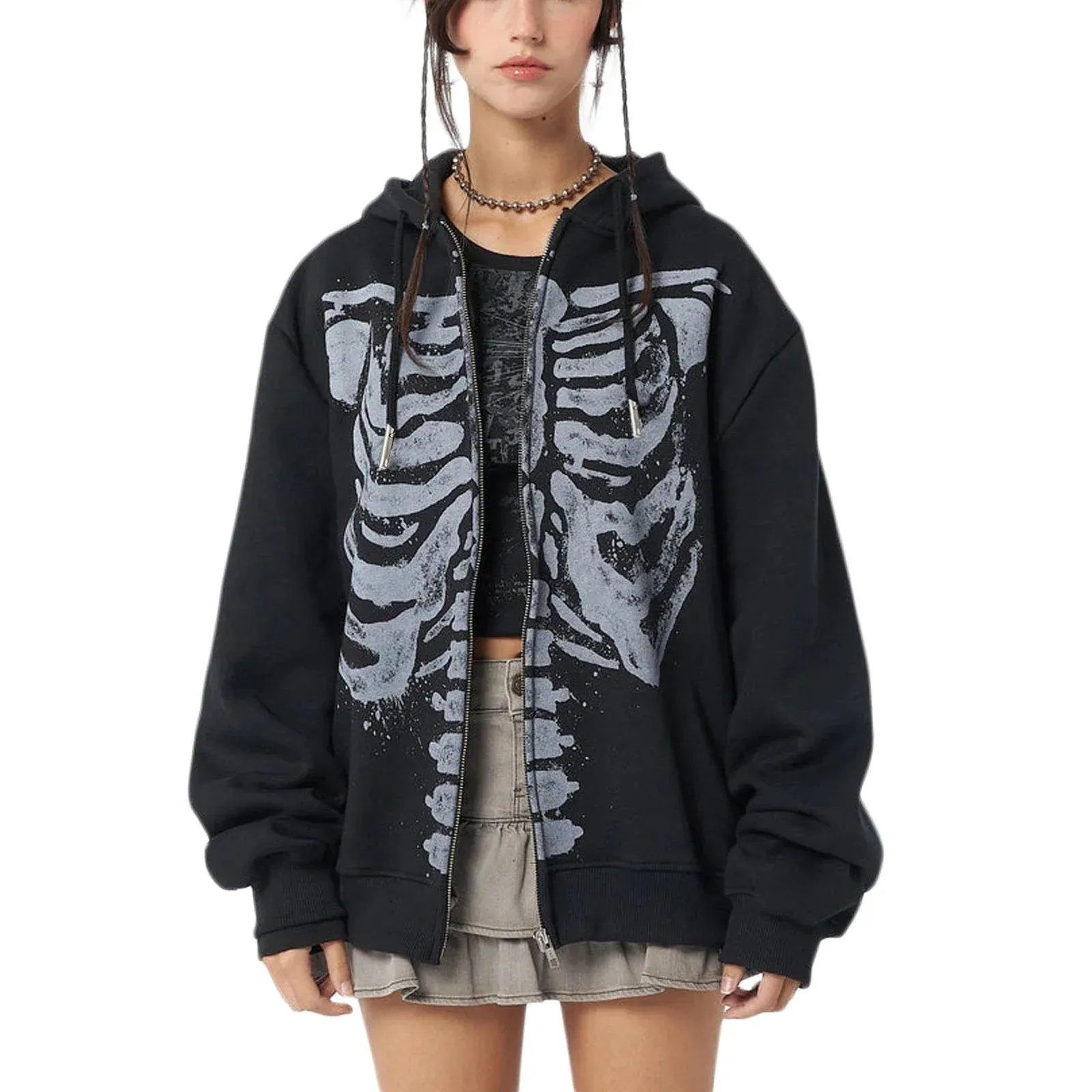 'Runaway Train' Black Grunge Skull Print Zipper Hoodie