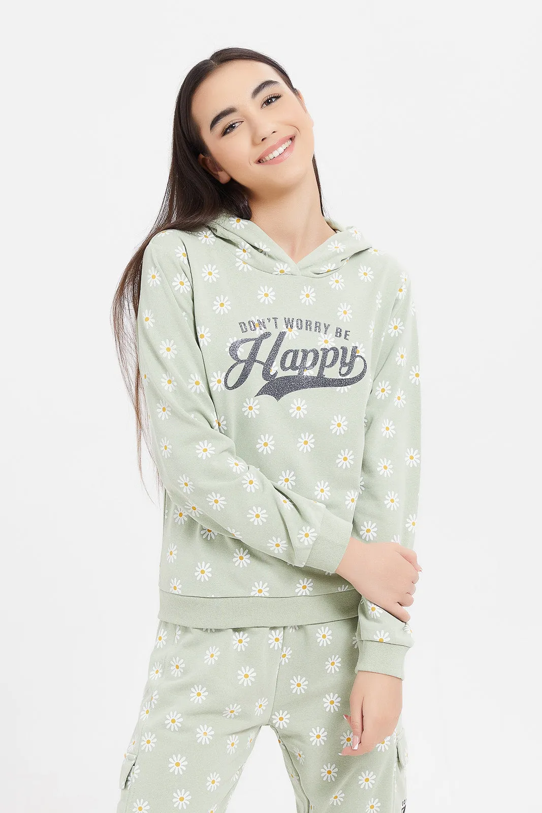 Senior Girls Green Floral Hoody Sweatshirt