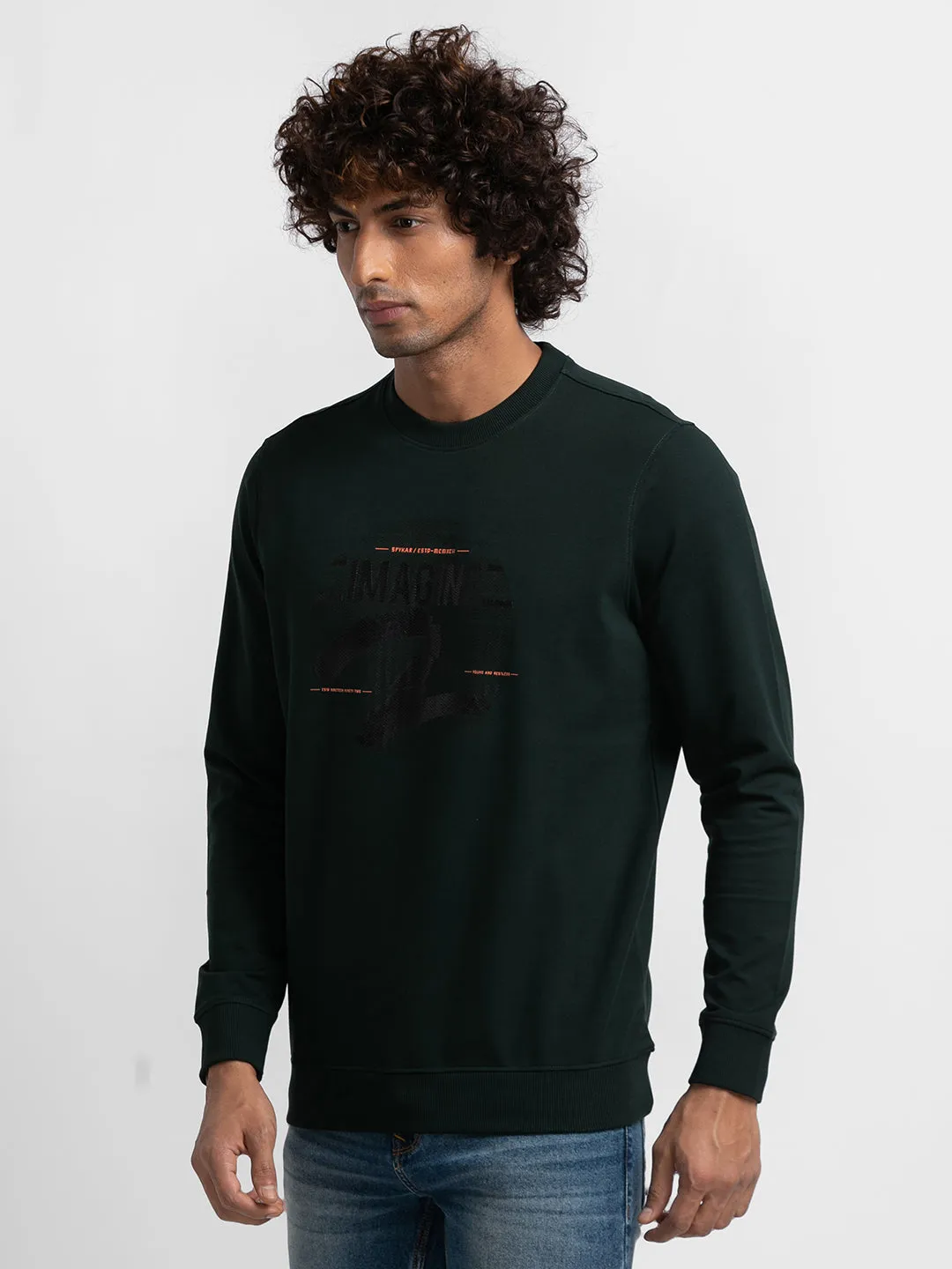 Spykar Bottle Green Cotton Full Sleeve Round Neck Sweatshirt For Men