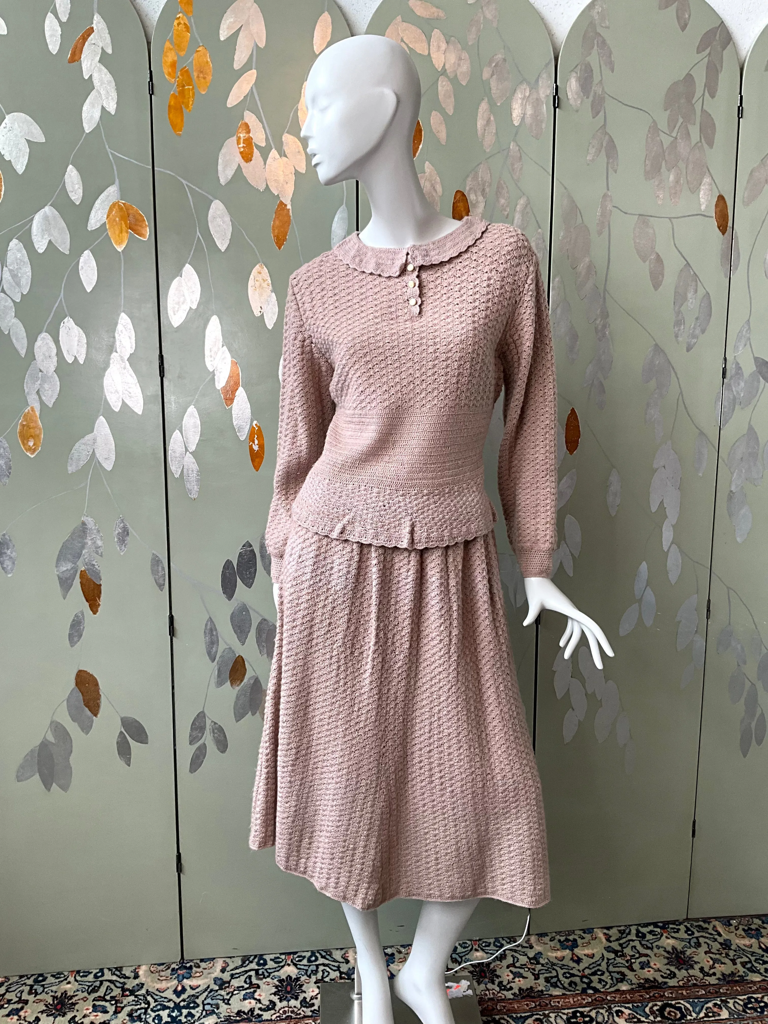 Vintage 1980s Pink Knit Top and Skirt Set, Medium