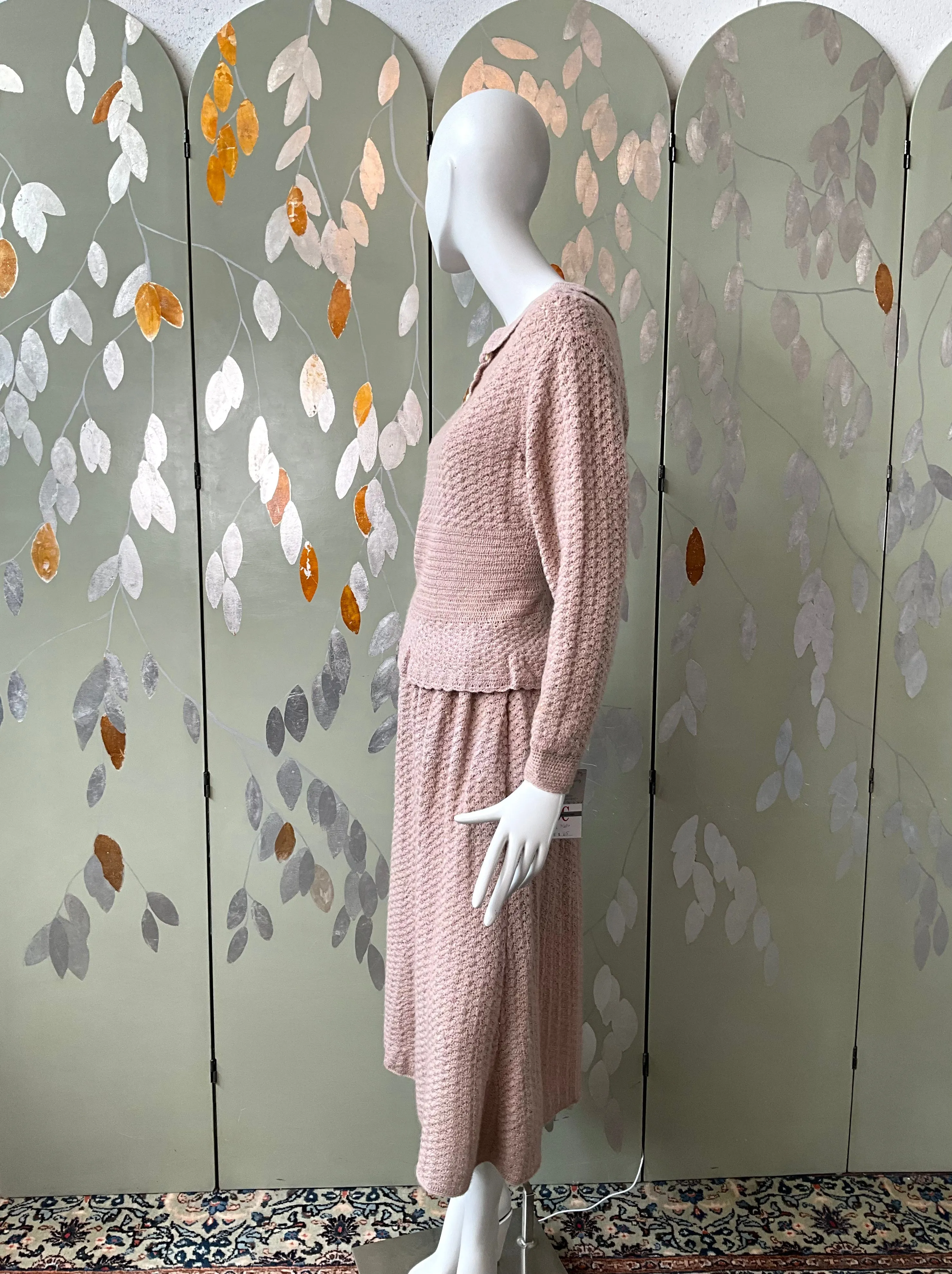 Vintage 1980s Pink Knit Top and Skirt Set, Medium