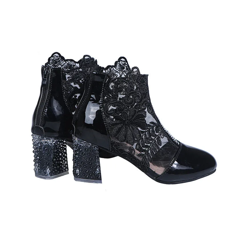 Women lace flower summer breathable clear chunky heeled booties