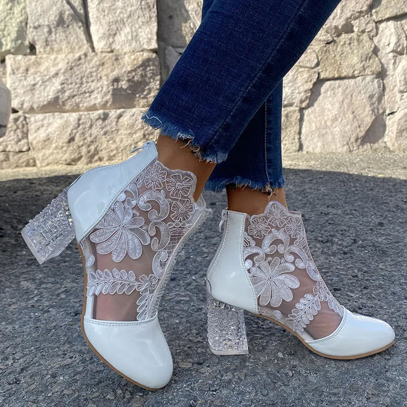 Women lace flower summer breathable clear chunky heeled booties