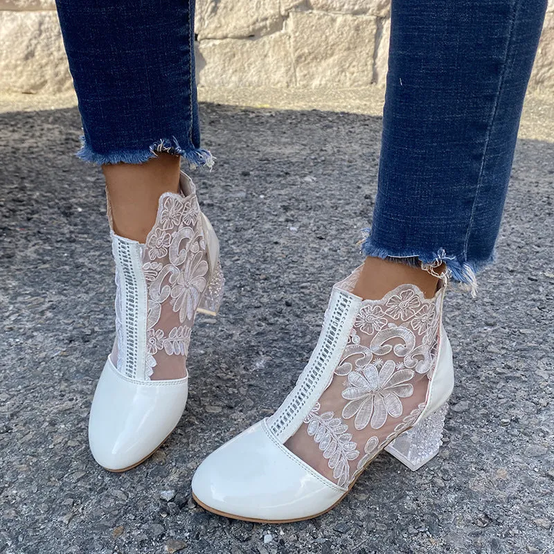 Women lace flower summer breathable clear chunky heeled booties