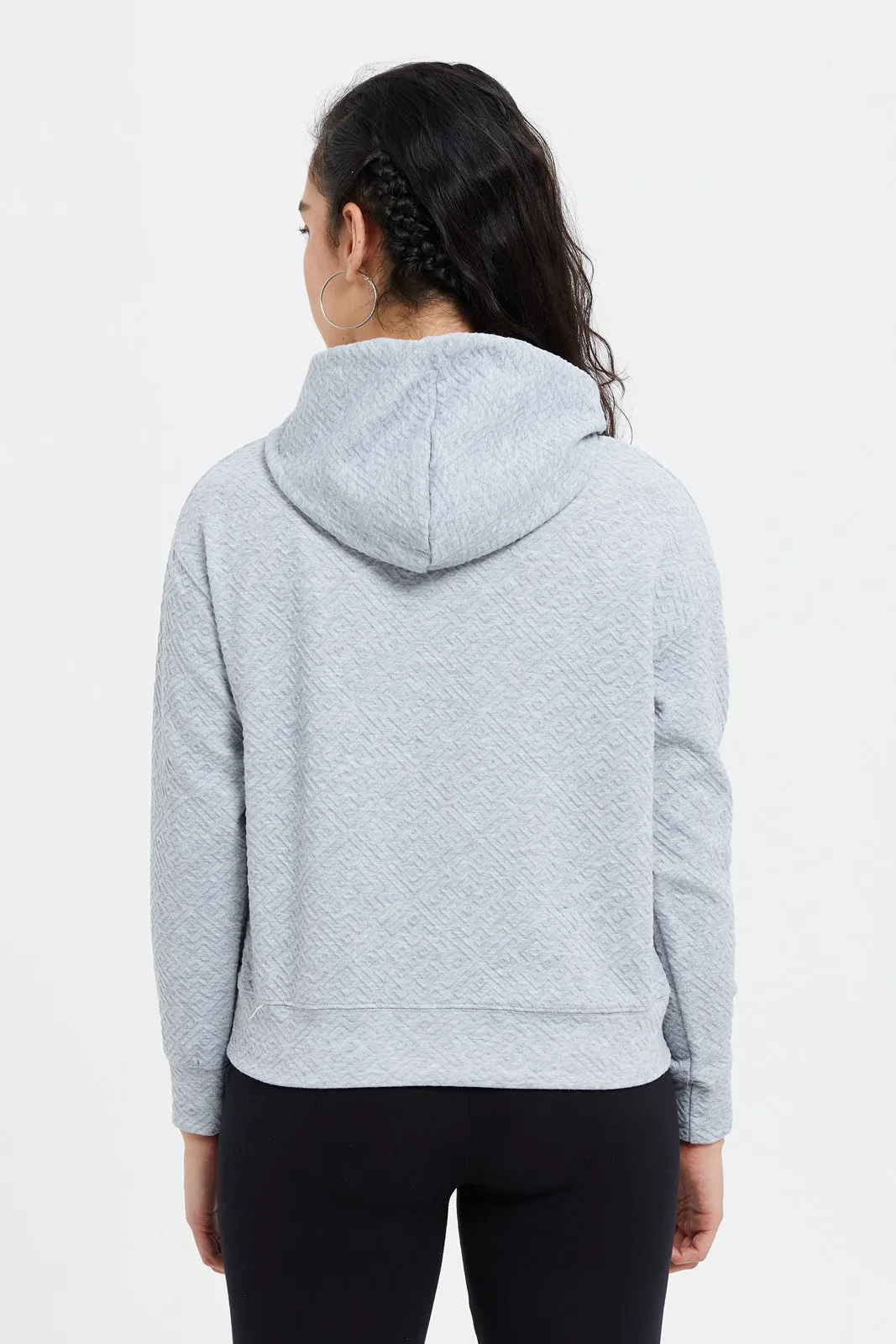 Women Mint Jacquard Long Sleeve Hooded Sweatshirt