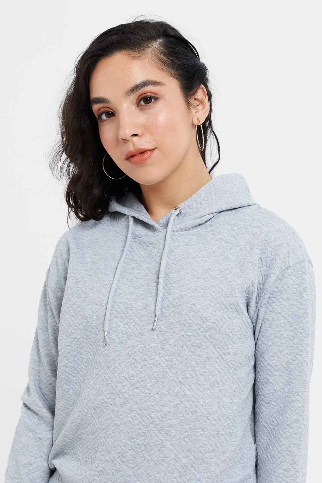 Women Mint Jacquard Long Sleeve Hooded Sweatshirt