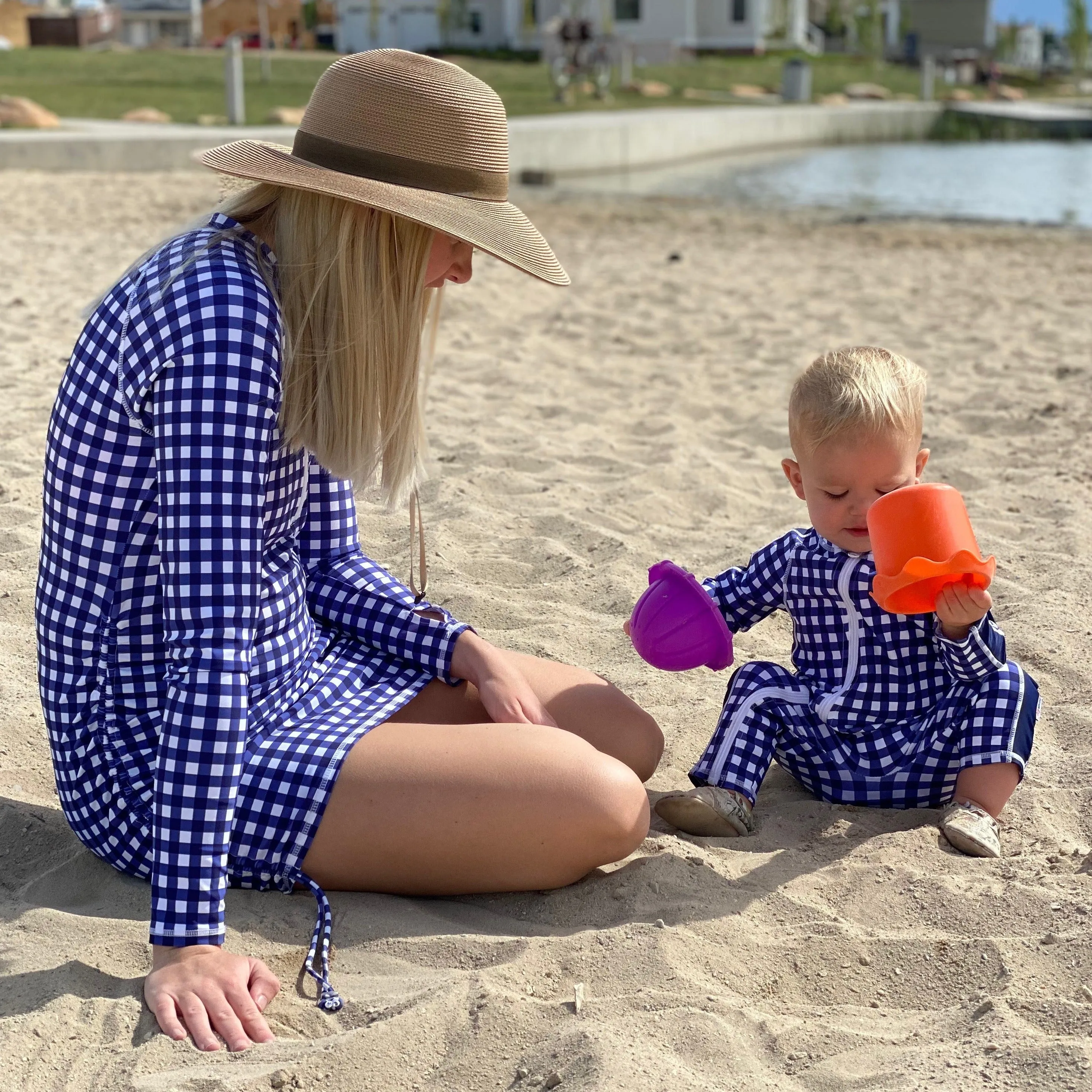 Women's Half Zip Swim Dress Cover Up | "Navy Gingham"