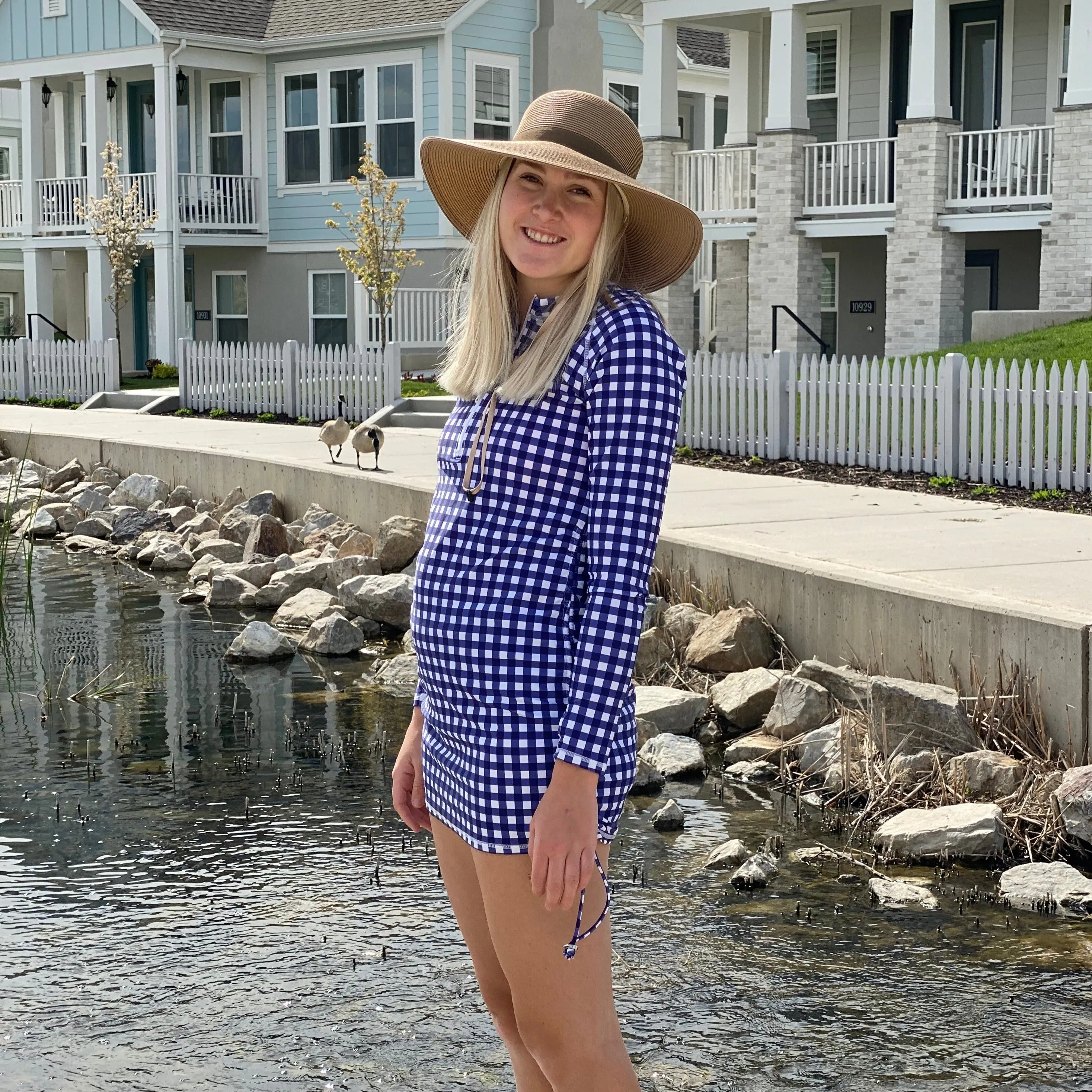 Women's Half Zip Swim Dress Cover Up | "Navy Gingham"