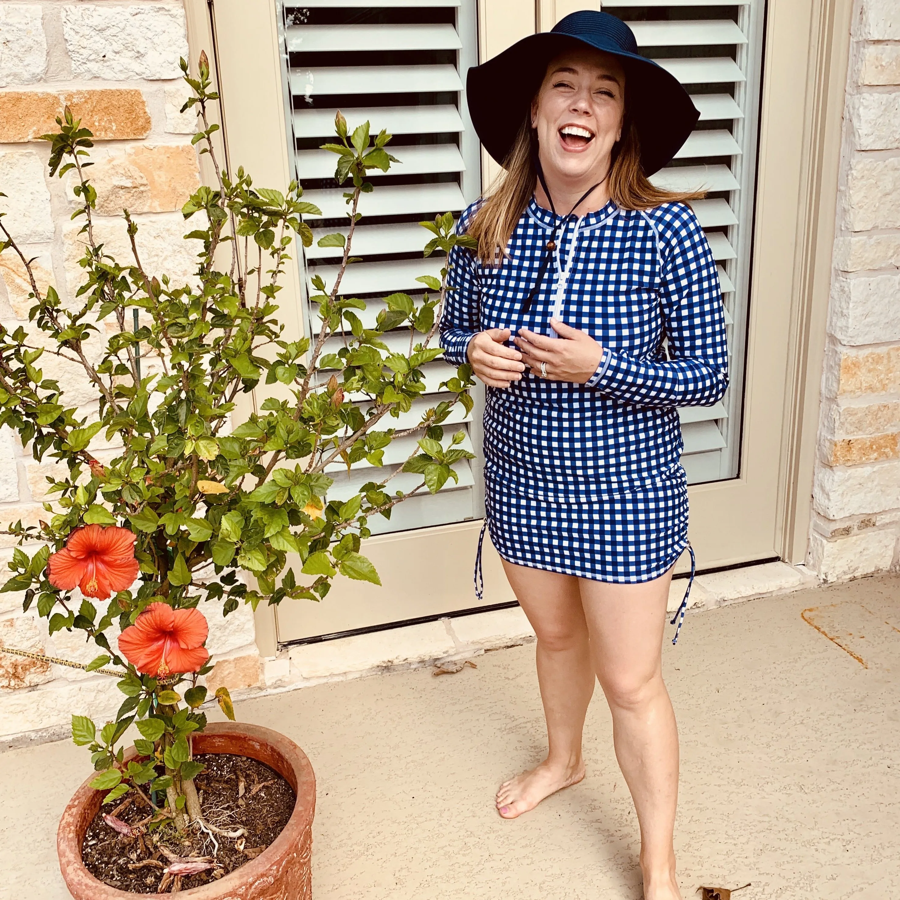 Women's Half Zip Swim Dress Cover Up | "Navy Gingham"